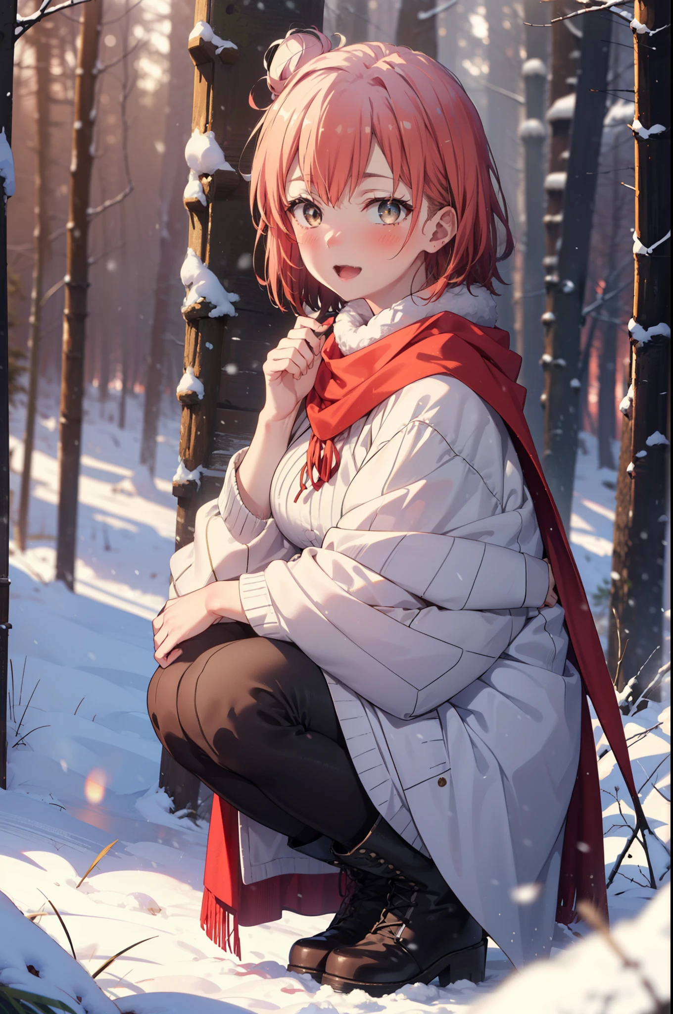 yuiyuigahama, yui yuigahama, short hair, (Brown eyes:1.5), (Pink Hair:1.2), Hair Bun, single Hair Bun, smile, (Big Breasts:1.2),smile,blush,White Breath,
Open your mouth,snow,Ground bonfire, Outdoor, boots, snowing, From the side, wood, suitcase, Cape, Blurred, forest, White handbag, nature,  Squat, Mouth closed,Cape, winter, Written boundary depth, Black shoes, red Cape break looking at viewer, Upper Body, whole body, break Outdoor, forest, nature, break (masterpiece:1.2), highest quality, High resolution, unity 8k wallpaper, (shape:0.8), (Beautiful and beautiful eyes:1.6), Highly detailed face, Perfect lighting, Highly detailed CG, (Perfect hands, Perfect Anatomy),