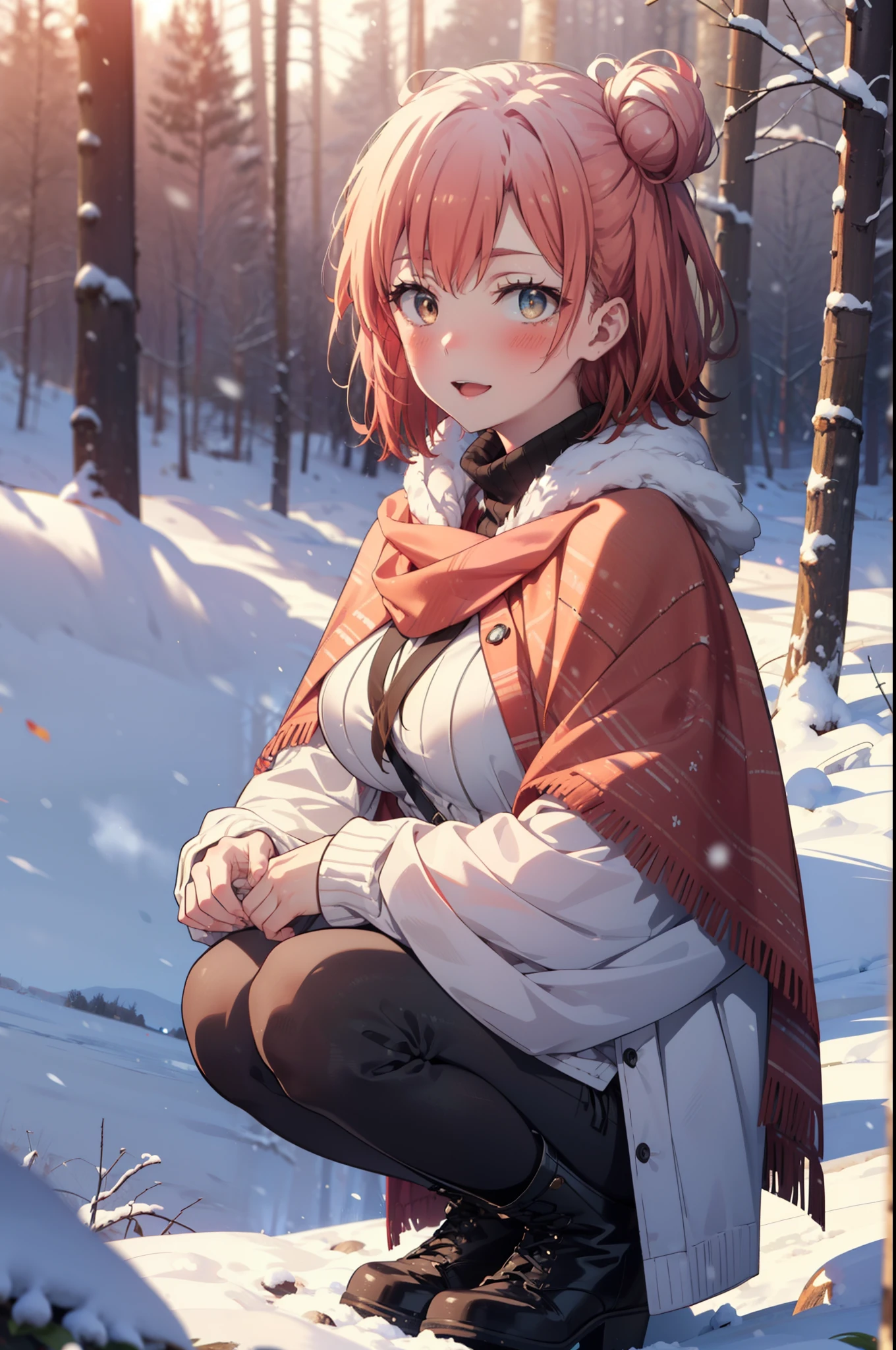 yuiyuigahama, yui yuigahama, short hair, (Brown eyes:1.5), (Pink Hair:1.2), Hair Bun, single Hair Bun, smile, (Big Breasts:1.2),smile,blush,White Breath,
Open your mouth,snow,Ground bonfire, Outdoor, boots, snowing, From the side, wood, suitcase, Cape, Blurred, forest, White handbag, nature,  Squat, Mouth closed,Cape, winter, Written boundary depth, Black shoes, red Cape break looking at viewer, Upper Body, whole body, break Outdoor, forest, nature, break (masterpiece:1.2), highest quality, High resolution, unity 8k wallpaper, (shape:0.8), (Beautiful and beautiful eyes:1.6), Highly detailed face, Perfect lighting, Highly detailed CG, (Perfect hands, Perfect Anatomy),