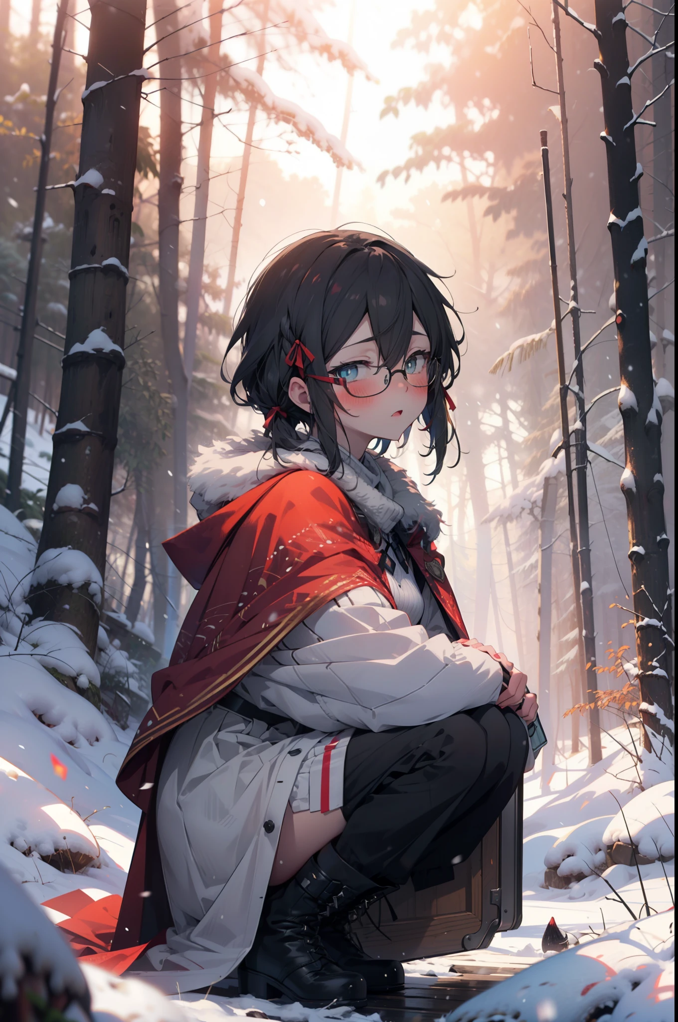 Shino Asada, Shino Asada, (black eye:1.5), Black Hair, Hair between the eyes, Hair Ribbon, short hair, Side Lock, Glasses, (Small breasts:1.2),blush,White Breath,
Open your mouth,snow,Ground bonfire, Outdoor, boots, snowing, From the side, wood, suitcase, Cape, Blurred, forest, White handbag, nature,  Squat, Mouth closed, Cape, winter, Written boundary depth, Black shoes, red Cape break looking at viewer, Upper Body, whole body, break Outdoor, forest, nature, break (masterpiece:1.2), highest quality, High resolution, unity 8k wallpaper, (shape:0.8), (Beautiful and beautiful eyes:1.6), Highly detailed face, Perfect lighting, Highly detailed CG, (Perfect hands, Perfect Anatomy),