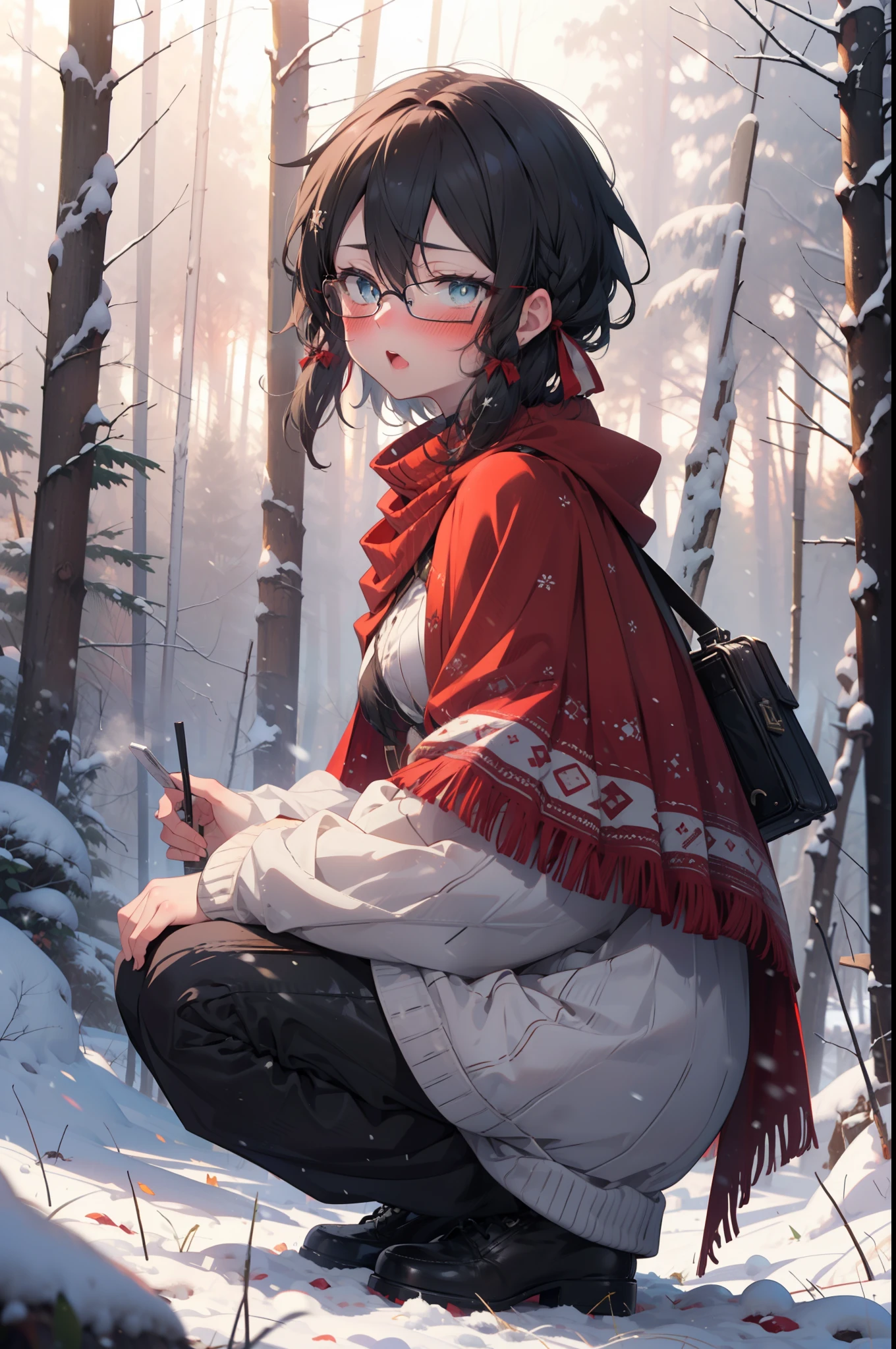 Shino Asada, Shino Asada, (black eye:1.5), Black Hair, Hair between the eyes, Hair Ribbon, short hair, Side Lock, Glasses, (Small breasts:1.2),blush,White Breath,
Open your mouth,snow,Ground bonfire, Outdoor, boots, snowing, From the side, wood, suitcase, Cape, Blurred, forest, White handbag, nature,  Squat, Mouth closed, Cape, winter, Written boundary depth, Black shoes, red Cape break looking at viewer, Upper Body, whole body, break Outdoor, forest, nature, break (masterpiece:1.2), highest quality, High resolution, unity 8k wallpaper, (shape:0.8), (Beautiful and beautiful eyes:1.6), Highly detailed face, Perfect lighting, Highly detailed CG, (Perfect hands, Perfect Anatomy),