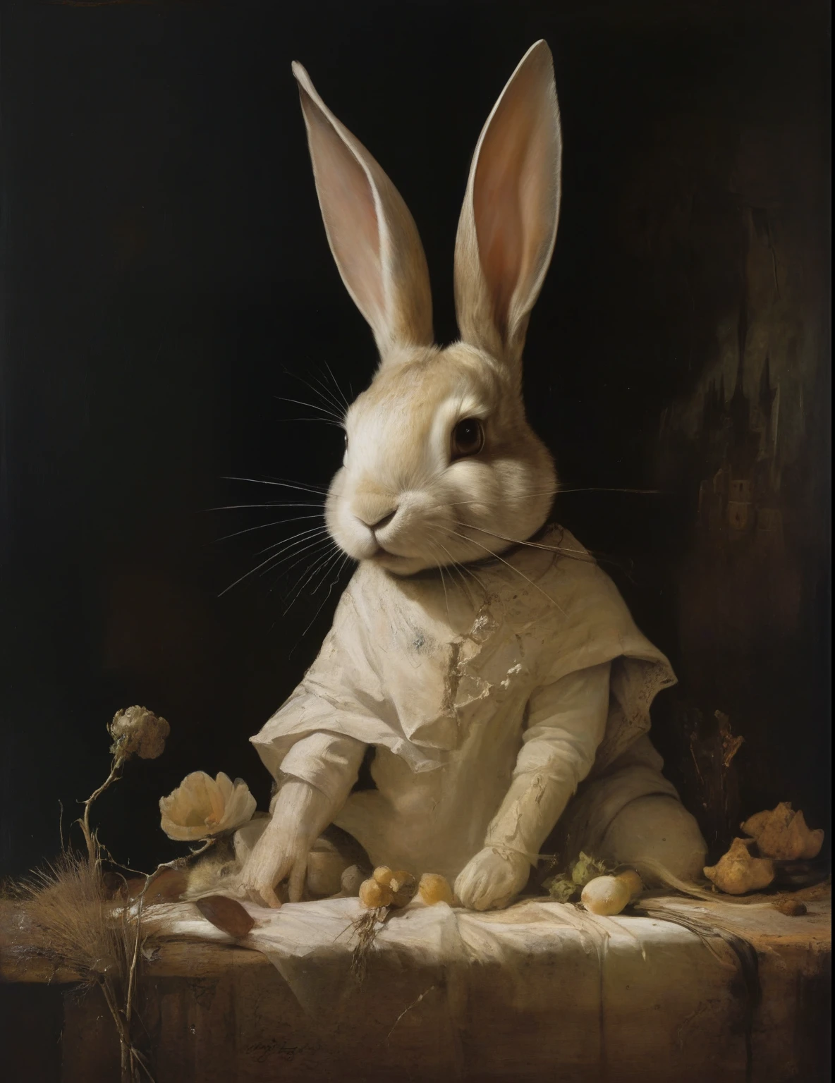 James Gurney, Surrealist art , dream-like, Mysterious, Provocative, symbolic, Complex, detailed,, (Gothic but very beautiful:1.4), (masterpiece, highest quality:1.4) , Nicola Samori Style, Baby Rabbit