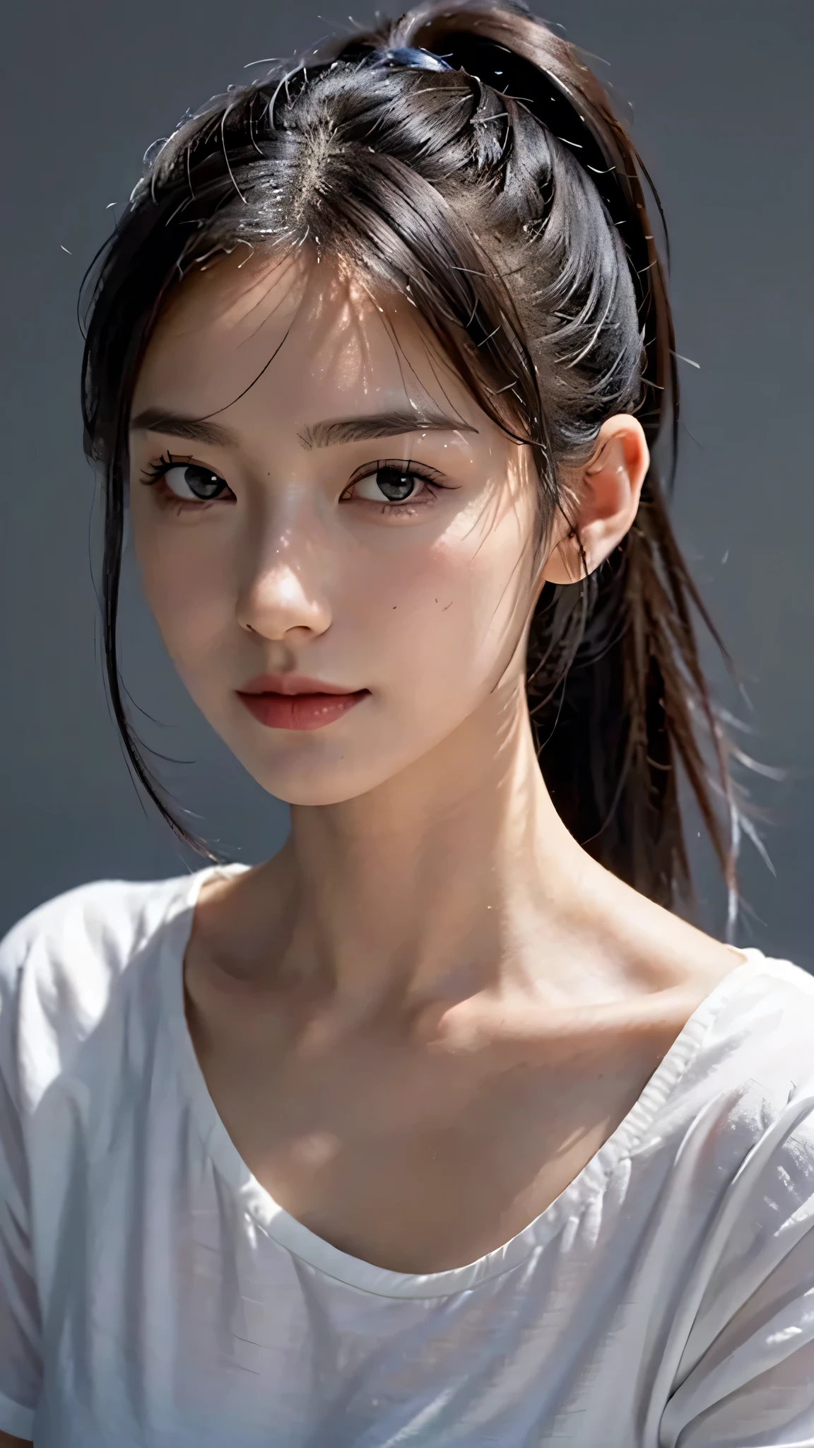 A black bra is visible through a white T-shirt,summer,One woman,close up face,fully body photo,masutepiece, The highest image quality, High quality, the background is clear，Beautiful woman, Japanese, Detailed, Detailed eyes, Detailed skin, Beautiful skin, 超hight resolution, (reality: 1.4),Very beautiful woman, Slightly younger face, Beautiful skin, slender, (Ultra photo realsisim), (hight resolution), (8K), (Very detailed) (beautifully detailed eyes), (super detailed),   (Detailed face), view the viewer, Fine details, Detailed face, Staring straight ahead, Staring straight ahead, photos realistic, Bright lighting, Professional Lighting, Black hair,poneyTail,a baby face,sixteen years old,Hairstyle: ponytail,Long ponytail hairstyle,slight smile,