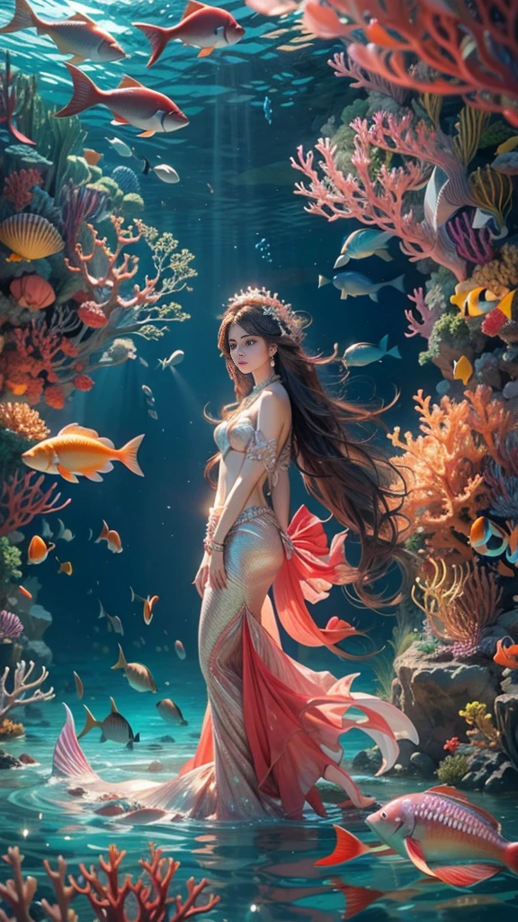 (RAW shooting, 32k:1.5, highest quality, masterpiece, Ultra-high resolution), (Deep sea at night:1.0, Dramatic moonlight:0.7, Mysterious underwater world:1.3, Expressions of sadness:1.0), Side Shot, Fractal Art:1.3, Perfect dynamic composition:1.3, Very detailedな肌と顔の質感:1.3, Dynamic flow of water waves:1.3, Beautiful shell and coral decoration, Surrounded by lots of colorful fish, Rich underwater vegetation, (The subject is being viewed from a distance:1.3, Slim mermaid figure:1.0, Shimmering Scales, Mermaid tail), elegant and sophisticated, Fair skin, Incredibly slim body:0.8, Very beautiful face, Water droplets on the skin, Very accurate, Very detailed, Gorgeous red shiny dress portrait:0.8, Big eyes that exude beauty, Beautiful big lips,, Unreal atmosphere, necklace, Earrings, bracelet