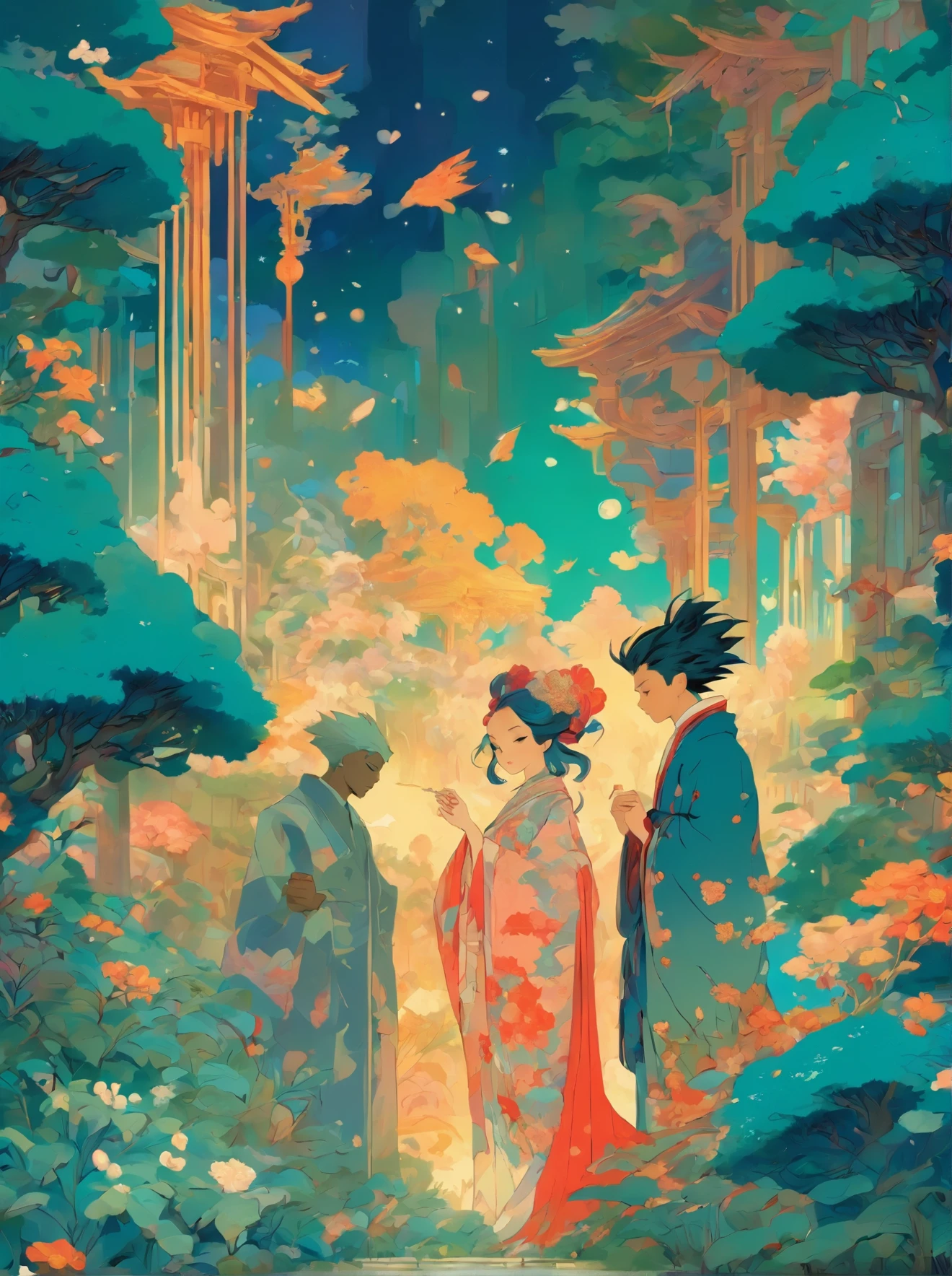 illustration of a woman and a man standing in a garden, concept art by James Jean, trending on pixiv, art nouveau, botticelli and victo ngai, laurie greasley and james jean, james jean marc, james jean art, jordan grimmer and james jean, james jean and victo ngai, brittney lee