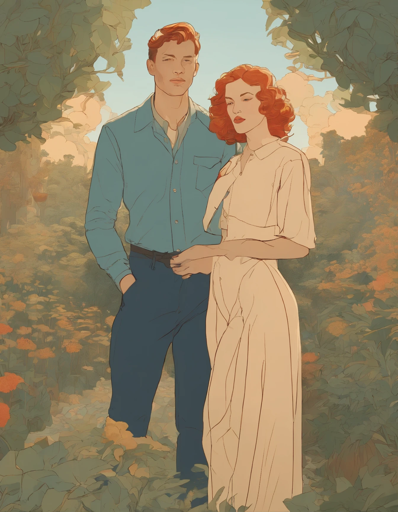illustration of a woman and a man standing in a garden, botticelli and victo ngai, laurie greasley and james jean, james jean art, james jean marc, jordan grimmer and james jean, james jean and victo ngai, brittney lee, moebius and kilian eng, moebius + loish, james jean style, by James Jean