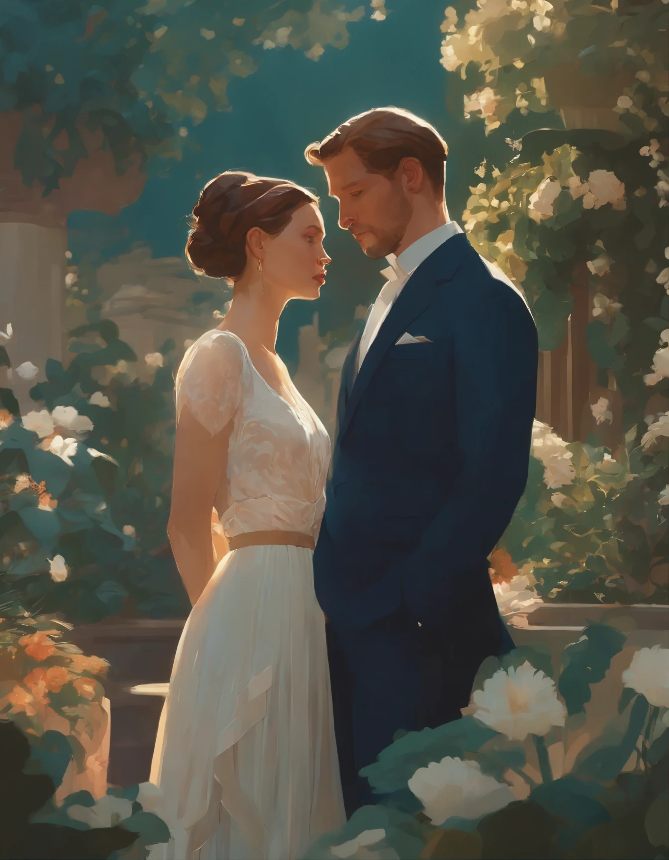 illustration of a woman and a man standing in a garden, concept art by James Jean, trending on pixiv, art nouveau, botticelli and victo ngai, laurie greasley and james jean, james jean marc, james jean art, jordan grimmer and james jean, james jean and victo ngai, brittney lee