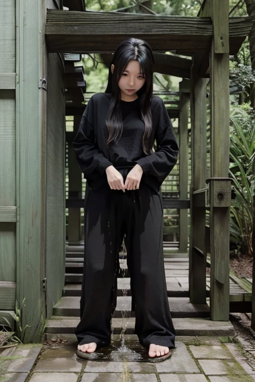 Japanese Girl sees the ghost and pees her black palazzo pants until her pants are wet in fright.