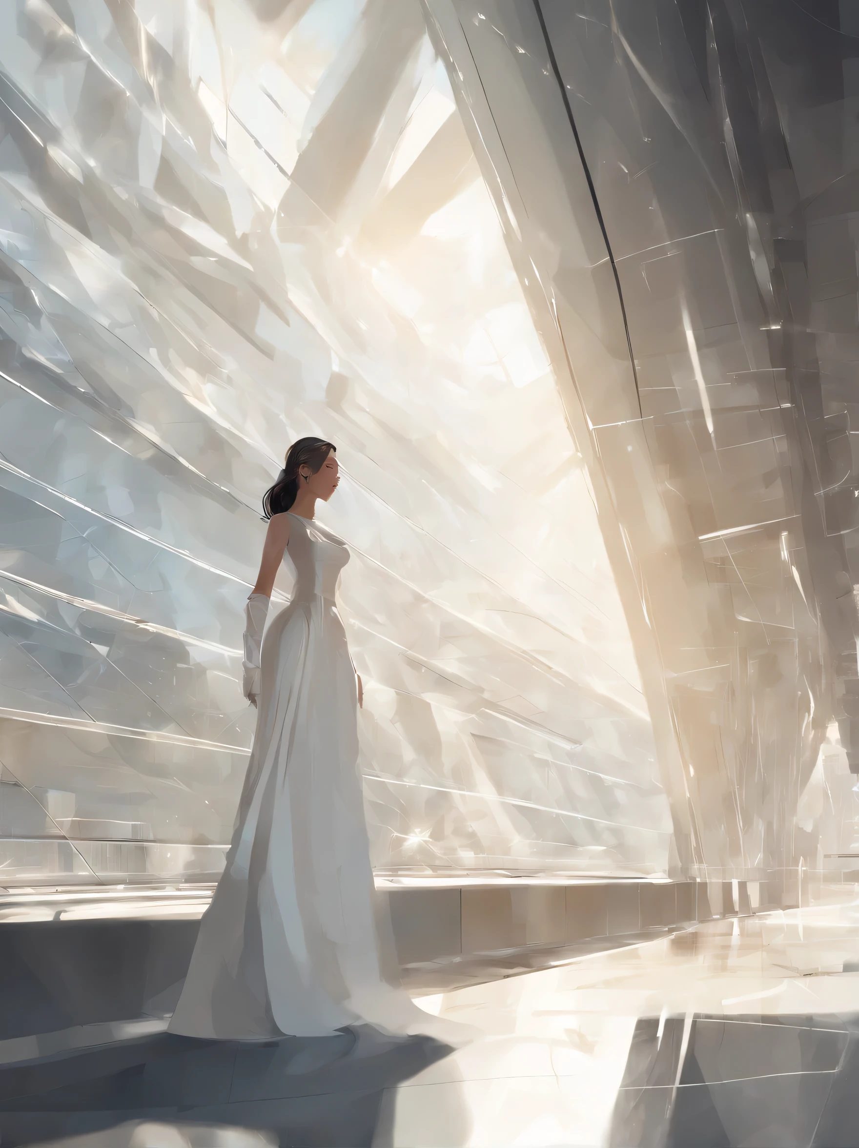 a girl with flowing hair, a warm smile, wearing a white dress, standing in a modern architectural structure, sunlight streaming through the windows, minimalist interior design, clean lines, concrete and glass, technological aesthetic, futuristic environment, advanced technology, sleek and efficient