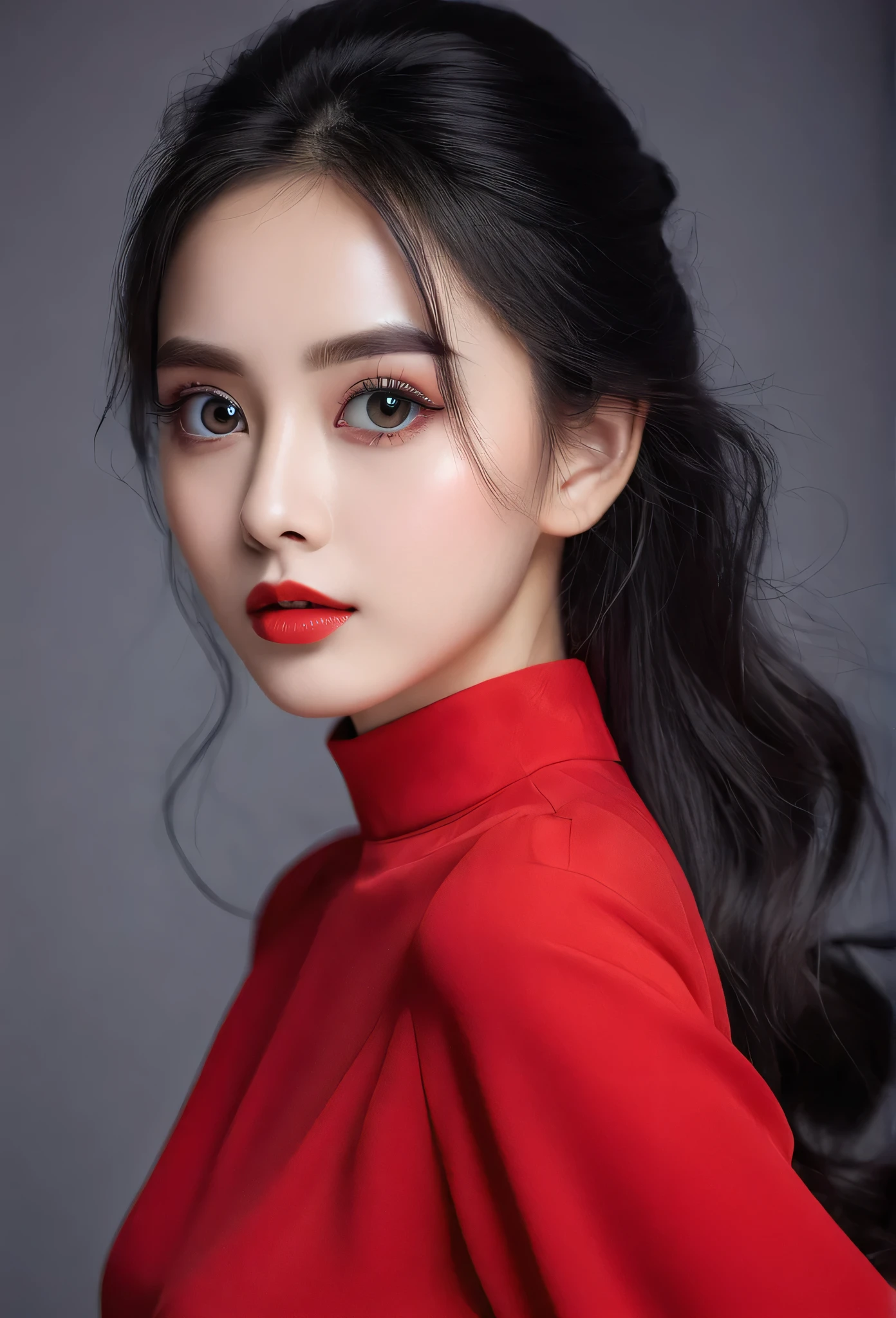 A beautiful girl with big eyes, long eyelashes, fair and tender skin, black and shiny hair, and a positive face. She is wearing red clothes that are not exposed. The background picture is elegant, and the whole picture is clear and high-definition.
