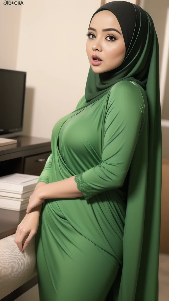 "Oki Setiana Dewi", ("Hijab Naked"), Chubby Wearing "Lace Bra And Panties", "Facial expression in anger", "FLUORESCENT Green", "Red Lips"