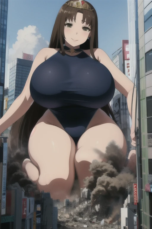 (highest quality、High resolution、Detailed Background)、(Highly detailed beautiful face:1.4)、cute age queen、Brown hair or cute hair color、Huge breasts、Realistic、Perfect body line、cute、A beautiful queen taller than a building、aerial photograph、aerial photograph、Sit in the building、Destroying the city with a smile、 (A giant queen bigger than a skyscraper destroys the city of Shibuya:1.5)、cute swimsuit スクール水着　Lying on the City　
