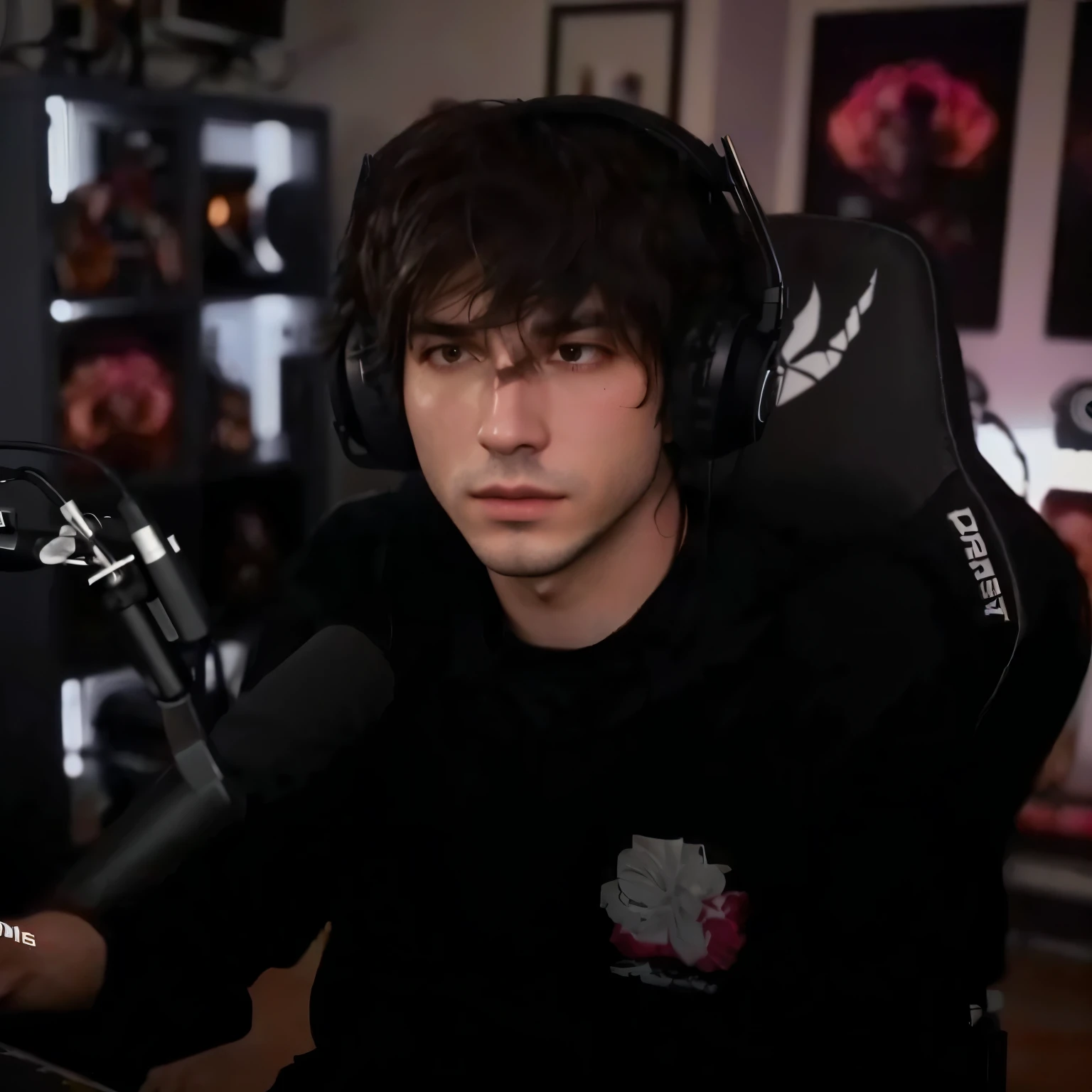Arafed man with headphones sitting in front of a microphone, contraction transmitter / jugador ludwig, cuchilla del grupo de drenaje, foto de perfil 1024px, foto de perfil en la cabeza, xqc, contraction transmitter, se parece a jerma985, imagen de muy muy baja calidad, transmission in nervous contraction, taken in the early 2020s, usando unos auriculares para juegos