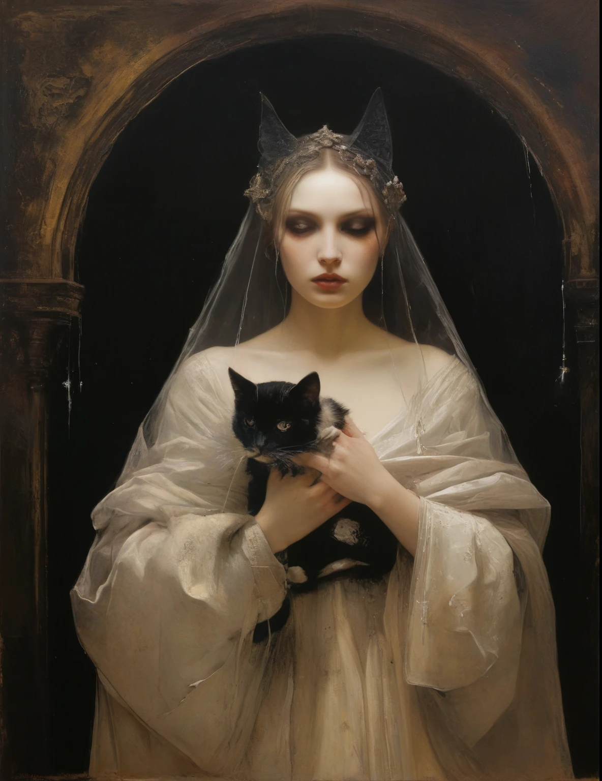 James Gurney, Surrealist art , dream-like, Mysterious, Provocative, symbolic, Complex, detailed,, (Gothic but very beautiful:1.4), (masterpiece, highest quality:1.4) , Nicola Samori Style, kitten