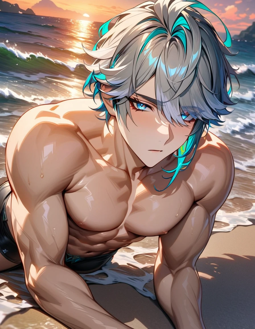 absurdres, highres, ultra detailed, HDR) master piece, best quality, Alhaitham, gray hair, expressive blue eyes, genshin impact, solo, sexy man, handsome, toned chest, topless, sensual, black tight shorts, sea, beach, sunset, lying on the sand