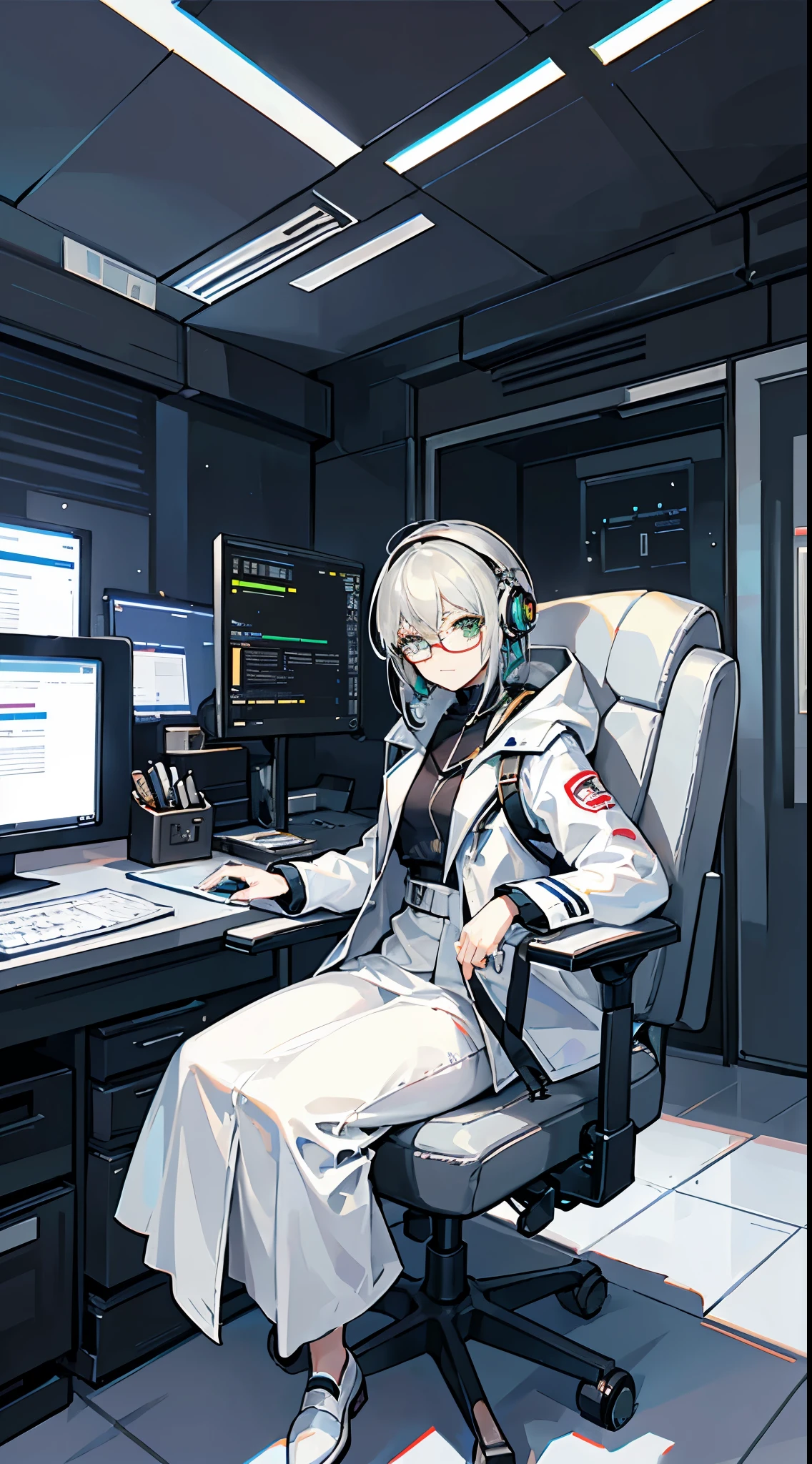 A middle-aged woman，Semi-mechanical modification，Droid，Droid Expert，Green Eyes，Watching，（black gray hair：1.5），Programmer，programmer，sit on the chair，White coat，White coat，White Robe，White coat，Suit lining，（Research suits：1.2），shirt，Office，Droid Minions，earphone，单片Glasses，Glasses，eyepiece，Condescending，Watching，bootonolithic eyepieces，（Decision tasks：1.5），Mature，Cyberpunk Characters，Mechanical backpack,At work，