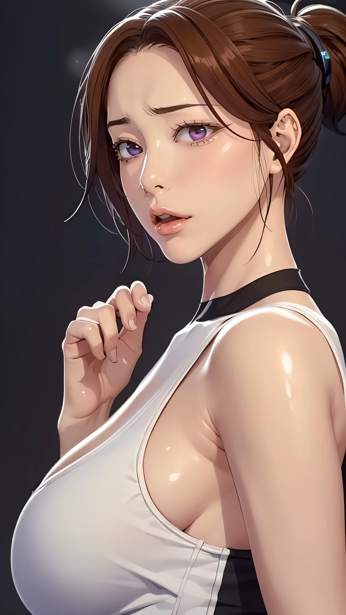 （（（完美figure，figure，solo， White and tender skin，（（（Cyberpunk，Black dress, ））），（（（junescdef,brown hair,purple eyes,medium hair，））），((masterpiece)),high resolution, ((Best quality at best))，masterpiece，quality，Best quality，（（（ Exquisite facial features，Looking at the audience,There is light in the eyes，(（（lol，Happy，））），））），（（（Light and shadow，Huge breasts））），（（（Looking at the camera，black background，)）））