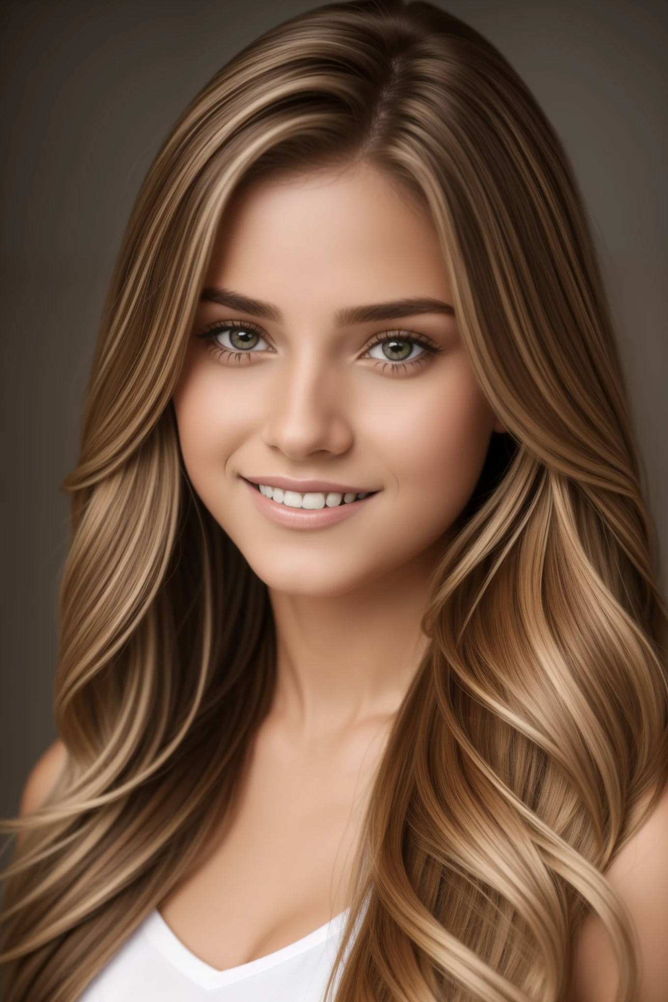 uma muito linda de 12 anos, head of light brown hair with golden tips, long hair with exceptional quality enhancement and a photographic masterpiece with hyperrealism, cintura fina e um corpo adolescente precoce exibindo sua forma feminina, same studio photography pose, com uma miradaProperties sedutora e uma sonrisa brilhante, vestindo uma blusa rosa com escote abaixado e botas rosa, high definition photography with natural light, filtr