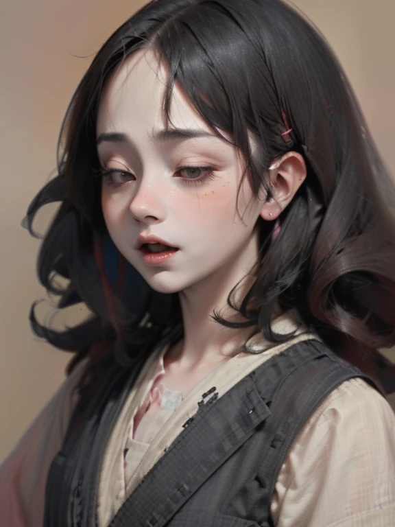 Mouth with a large split、Blindness due to hair、Mouth closed to ears
