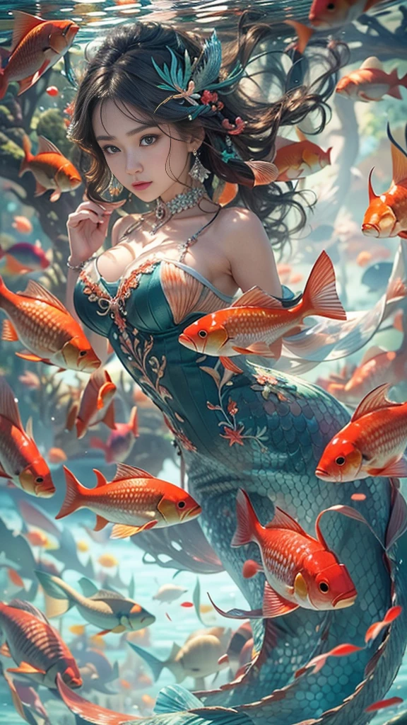 (RAW shooting, 32k:1.5, highest quality, masterpiece, Ultra-high resolution), (Deep sea at night:1.0, Dramatic moonlight:0.7, Mysterious underwater world:1.3, Expressions of sadness:1.0), Side Shot, Fractal Art:1.3, Perfect dynamic composition:1.3, Very detailedな肌と顔の質感:1.3, Dynamic flow of water waves:1.3, Beautiful shell and coral decoration, Surrounded by lots of colorful fish, Rich underwater vegetation, (The subject is being viewed from a distance:1.3, Slim mermaid figure:1.0, Shimmering Scales, Mermaid tail), elegant and sophisticated, Fair skin, Incredibly slim body:0.8, Very beautiful face, Water droplets on the skin, Very accurate, Very detailed, Gorgeous red shiny dress portrait:0.8, Big eyes that exude beauty, Beautiful big lips,, Unreal atmosphere, necklace, Earrings, bracelet