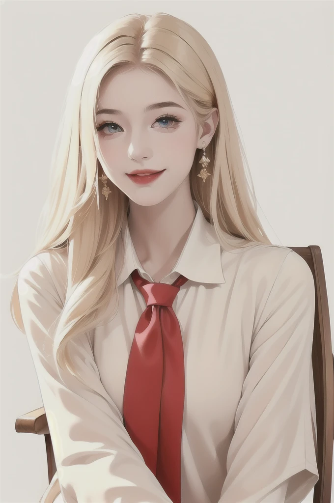 (masterpiece:1.2, best quality), (exquisite eyes: 1.2), ((1girl)), ((solo)),( beautiful and clear background: 1.2), (extremely detailed CG, super detailed,sitting on chair, white background, long blonde hair,red shirt with long tie, smiling, peach lips