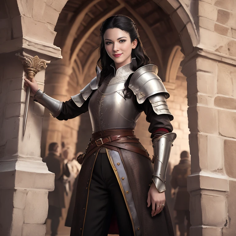 score_9, score_8_up, score_7_up, score_6_up, score_5_up, Carmilla Bolton from Game of Thrones, black hair, sexy, extremely detailed artgerm, teasing smile, in a sexy medieval guard uniform posing, guard coat, guard trousers, (masterpiece, best quality:1.2), In town square stockade, medieval, (insanely detailed, beautiful detailed, masterpiece, best quality), (insanely detailed, masterpiece, best quality) woStoya