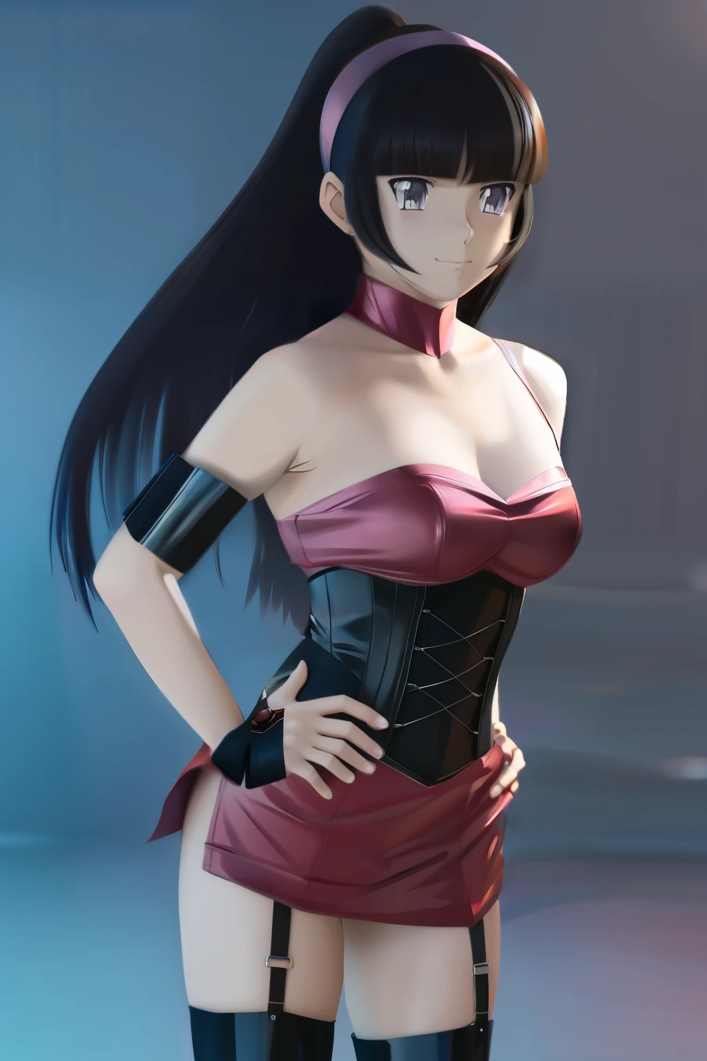 Generate an illustration of a mature Sabrina, gym leader of pokemon, (large shoulder pads), black gloves, hairband, holding a poke ball, dark hair, long straight hair, hair flows straight down, Red outfit in anime format with a serious style, black corset, black boots, masterpiece, dark lighting, black background, animatronic, robot joints, slendered abs, beautiful face, empty eyes,