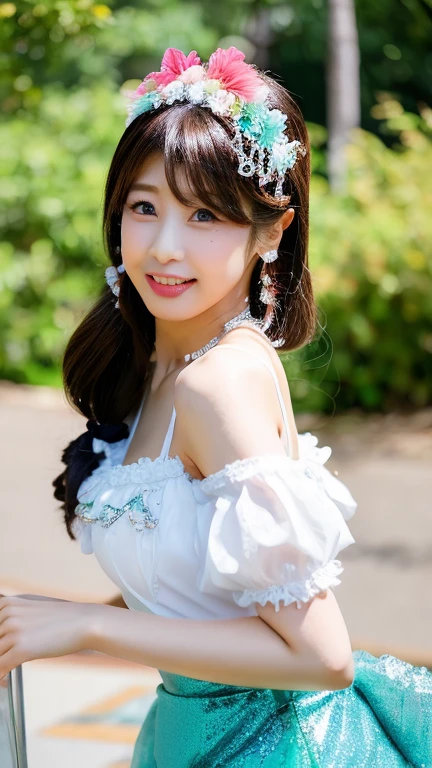sexy stylish Japanese model, only 1 female, ((doll-like appearance)), full-body shot, beautiful smile, ultra detailed eyes, vivid eye makeup, lipgloss, long lashes, defined eyebrows, ((sexy Paradise Kiss cosplay)), bell-shaped skirt, petticoats, high neckline, puffed sleeves, detailed lace, detailed embroidery, intricate details, Paradise Kiss accessoires and matching headpiece, choker, ((large sparkling Paradise Kiss jewelry)), look at the camera, cinematic light, detailed large park background with trees