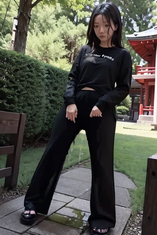 Japanese Girl sees the ghost and pees her black palazzo pants until her pants are wet in fright.