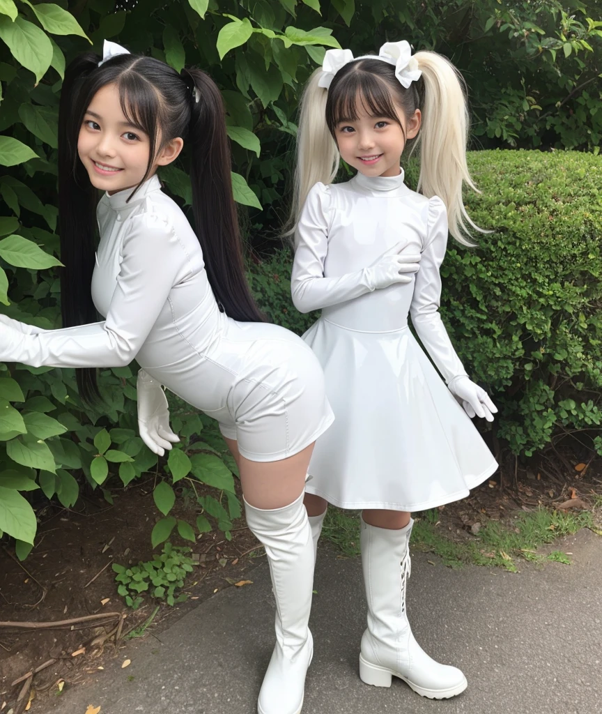 {{{high quality}}}, {{{super realistic}}},{{{best quality}}}, ((beautiful face)),((1 girl)),((solo)),(()),(((loli))),((shgirl)),((small breasts)),((white latex long gloves )),((white latex body suit)),((white over-kneehighs)),((white latex long boots)),(black hair, twintails),(ultra-detailed),((smile,pretty smile)),((full body))
