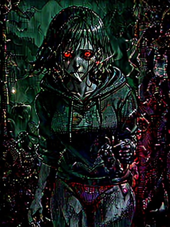 Mouth with a large split、Horror elements where the hair blinds you, girl smoking a cigarette, hoodie, panties (best quality, highres), dark atmosphere, eerie lighting, mysterious shadows, atmospheric fog, abandoned setting, intense emotions, disturbing details, haunting expression