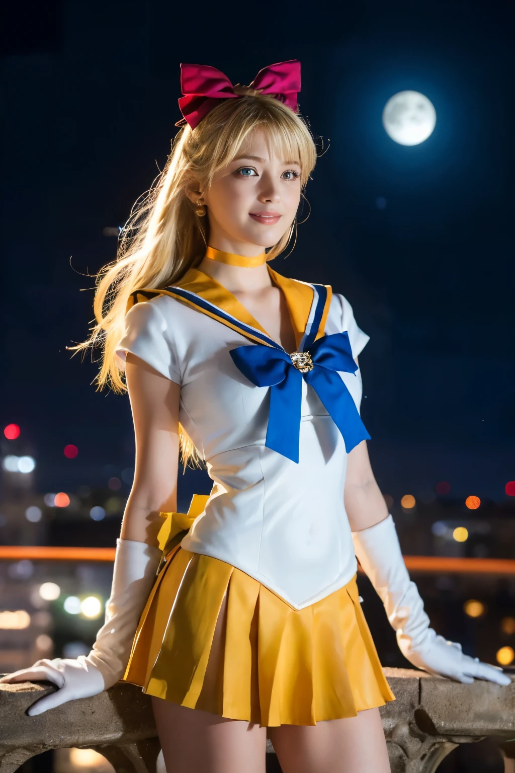 
((Tabletop:1.4, highest quality)), (Realistic photos:1.4), 
((1 girl)), (Beautiful actress), (dream-like),
(超High resolution:1.2), Very delicate and beautiful, wonderful, Very detailedな CG Unity 8k 壁紙, Very detailed, High resolution, 
Cinema Lighting, Perfect Anatomy, Slender body, (full body), Looking at the camera, Old-fashioned smile,
venus1, tiara, sailor senshi uniform, sailor venus,
blonde hair, magical girl, blue eyes, orange skirt, elbow gloves, tiara, pleated skirt, hair bow, orange sailor collar,
miniskirt, choker, red bow, orange choker, white gloves, very long hair, jewelry, earrings, 
(standing against a city skyline at night), (Big Moon)