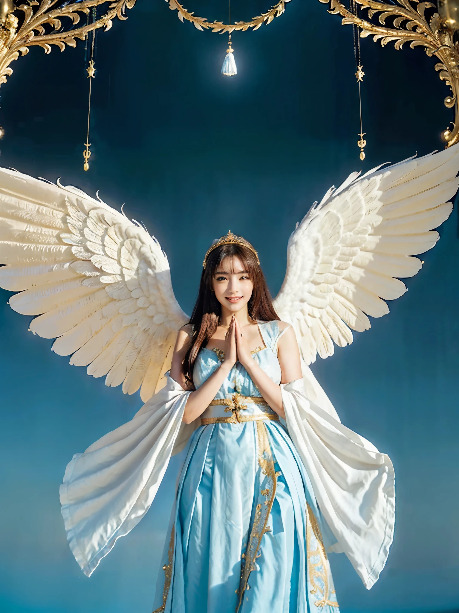 ((Very beautiful angel queen,The final form as a perfect angel, the masterpiece of an angel,Huge and intricate angel wings,The most dignified wings,Golden light,shining background,The most opulent and holy temple background,White and gold temple background,King of Angels,The most dignified angel,Intricate and solemn dresses,Light blue and gold embellishment dress on white,Light blue and gold dress on white base,Complex and majestic angel figure,The most majestic figure of the devil,The most intricately depicted figure of an angel,The World's Most Beautiful,Unimaginable beauties,divine atmosphere,The most intricate and beautiful dresses,Intricate reproduction of the perfect angelic detail,The figure of an unimaginably gorgeous angel,The figure of an unimaginably huge angel)), (((Tyndall effect;1.45))), ((Most beautiful face,Half Japan and half Spanish,The biggest happy smile,Beautiful wavy hair,Black and red hair,The most luxurious and intricate dresses,The biggest smile looking at the camera)),(Elegant standing figure,Fold your hands in front of your navel,)),Chest that seems to burst,Giant wings of angels,The background is the appearance of a perfect angel castle,Masterpiece,8K,very intricate,ultra-detailliert, nsfw