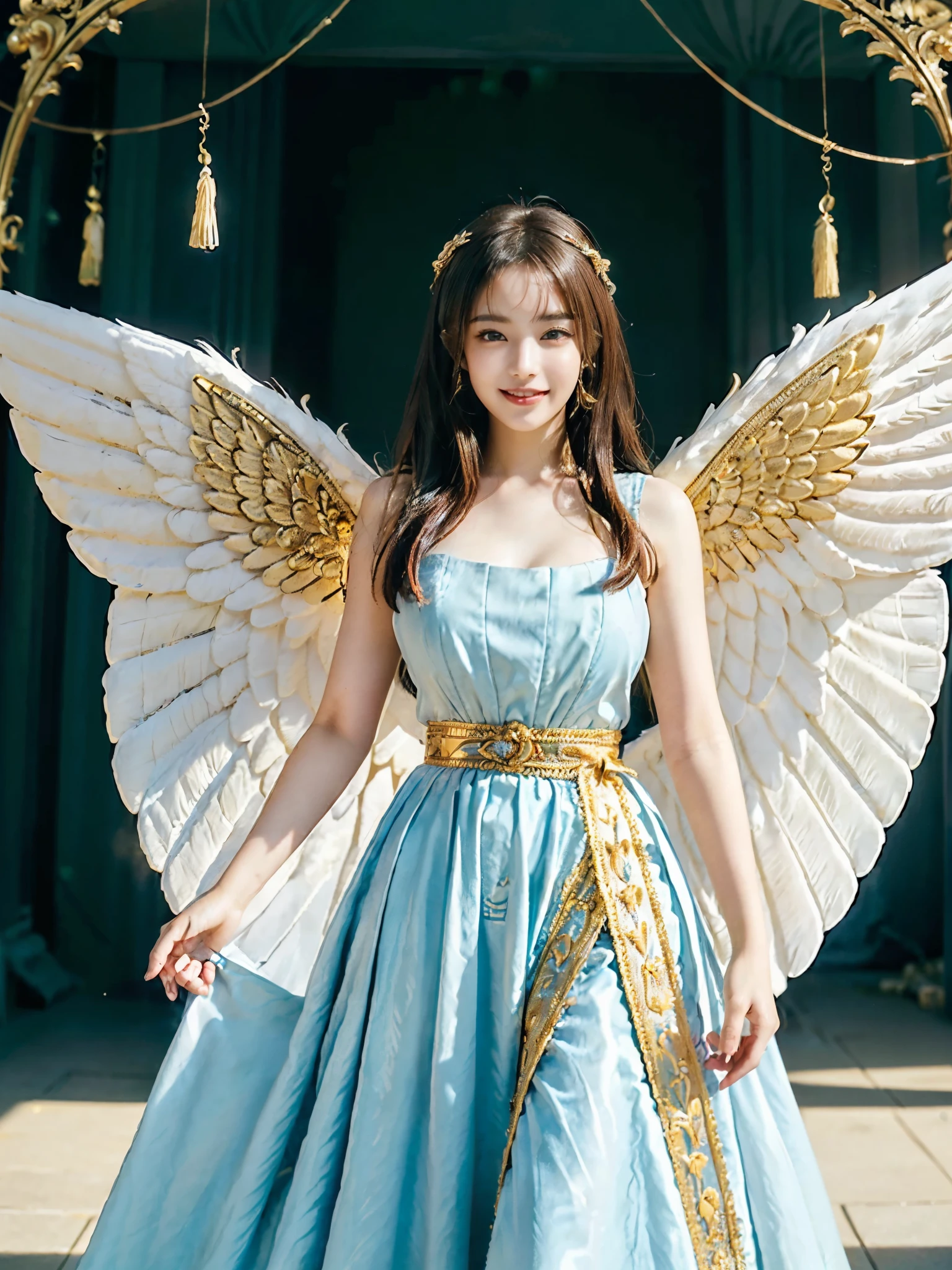 ((Very beautiful angel queen,The final form as a perfect angel, the masterpiece of an angel,Huge and intricate angel wings,The most dignified wings,Golden light,shining background,The most opulent and holy temple background,White and gold temple background,King of Angels,The most dignified angel,Intricate and solemn dresses,Light blue and gold embellishment dress on white,Light blue and gold dress on white base,Complex and majestic angel figure,The most majestic figure of the devil,The most intricately depicted figure of an angel,The World's Most Beautiful,Unimaginable beauties,divine atmosphere,The most intricate and beautiful dresses,Intricate reproduction of the perfect angelic detail,The figure of an unimaginably gorgeous angel,The figure of an unimaginably huge angel)), (((Tyndall effect;1.45))), ((Most beautiful face,Half Japan and half Spanish,The biggest happy smile,Beautiful wavy hair,Black and red hair,The most luxurious and intricate dresses,The biggest smile looking at the camera)),(Elegant standing figure,Fold your hands in front of your navel,)),Chest that seems to burst,Giant wings of angels,The background is the appearance of a perfect angel castle,Masterpiece,8K,very intricate,ultra-detailliert, nsfw