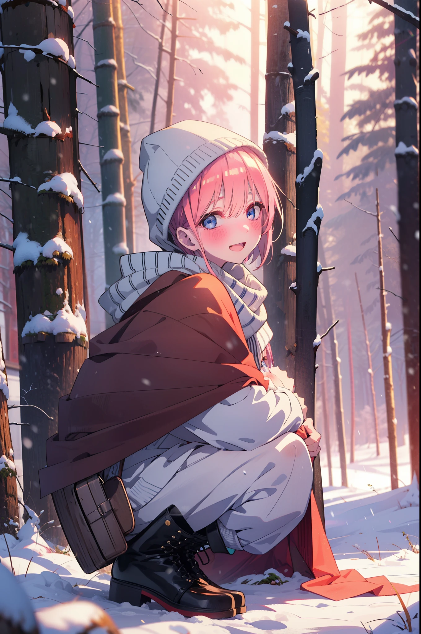 ichikanakano, ichika nakano, short hair, bangs, blue eyes, Hair between the eyes, smile,Pink Hair,smile,blush,White Breath,
Open your mouth,snow,Ground bonfire, Outdoor, boots, snowing, From the side, wood, suitcase, Cape, Blurred, Increase your meals, forest, White handbag, nature,  Squat, Mouth closed, フードed Cape, winter, Written boundary depth, Black shoes, red Cape break looking at viewer, Upper Body, whole body, break Outdoor, forest, nature, break (masterpiece:1.2), highest quality, High resolution, unity 8k wallpaper, (shape:0.8), (Beautiful and beautiful eyes:1.6), Highly detailed face, Perfect lighting, Extremely detailed CG, (Perfect hands, Perfect Anatomy),