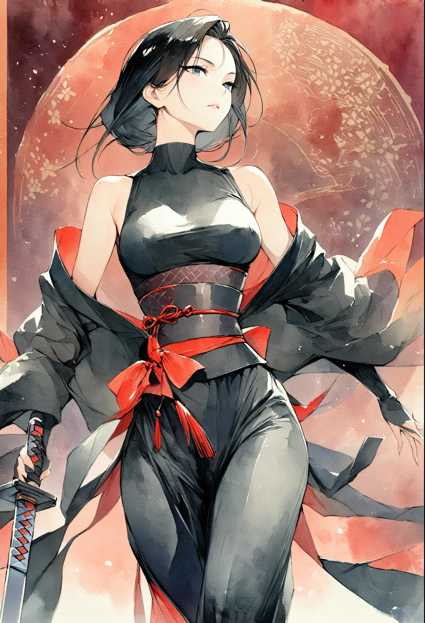 masterpiece, Best quality, Drawing of a black-haired futuristic female ninja illustration, watercolor (medium), 1girl, breast, Dressed in sophisticated modern ninja costumes,Equipped with traditional and technological weapons. She has long black hair,Tied with a red ribbon and a symbol。She must be wearing a high-end black outfit with red accents,These include letters. She was holding a sword,The hilt and scabbard have intricate patterns. The background is the Edo period, Five fingers.