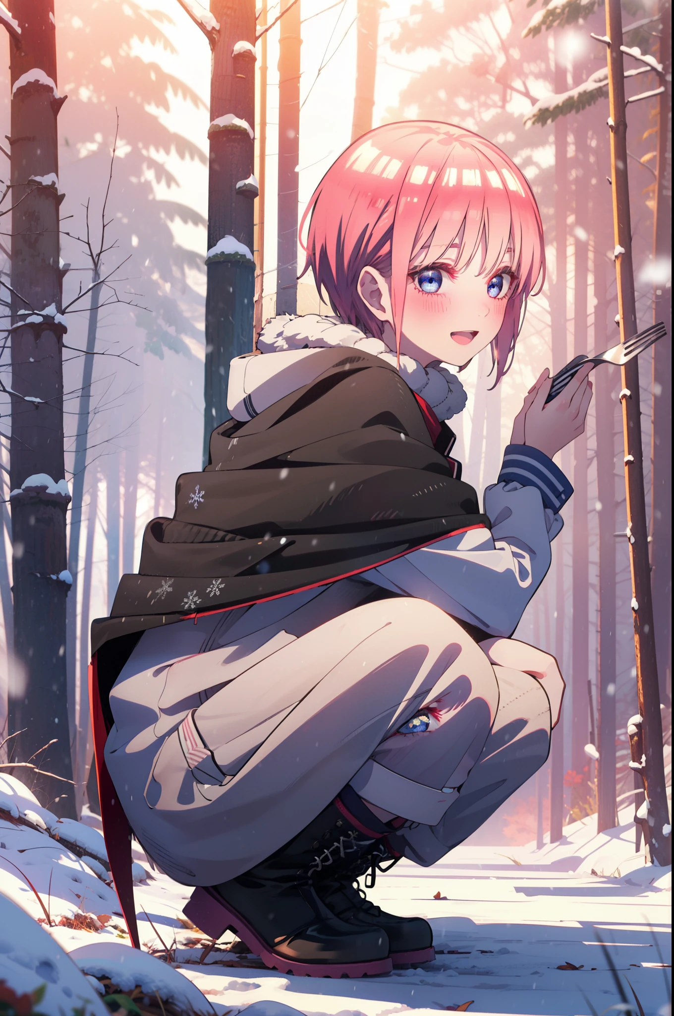 ichikanakano, ichika nakano, short hair, bangs, blue eyes, Hair between the eyes, smile,Pink Hair,smile,blush,White Breath,
Open your mouth,snow,Ground bonfire, Outdoor, boots, snowing, From the side, wood, suitcase, Cape, Blurred, Increase your meals, forest, White handbag, nature,  Squat, Mouth closed, フードed Cape, winter, Written boundary depth, Black shoes, red Cape break looking at viewer, Upper Body, whole body, break Outdoor, forest, nature, break (masterpiece:1.2), highest quality, High resolution, unity 8k wallpaper, (shape:0.8), (Beautiful and beautiful eyes:1.6), Highly detailed face, Perfect lighting, Extremely detailed CG, (Perfect hands, Perfect Anatomy),