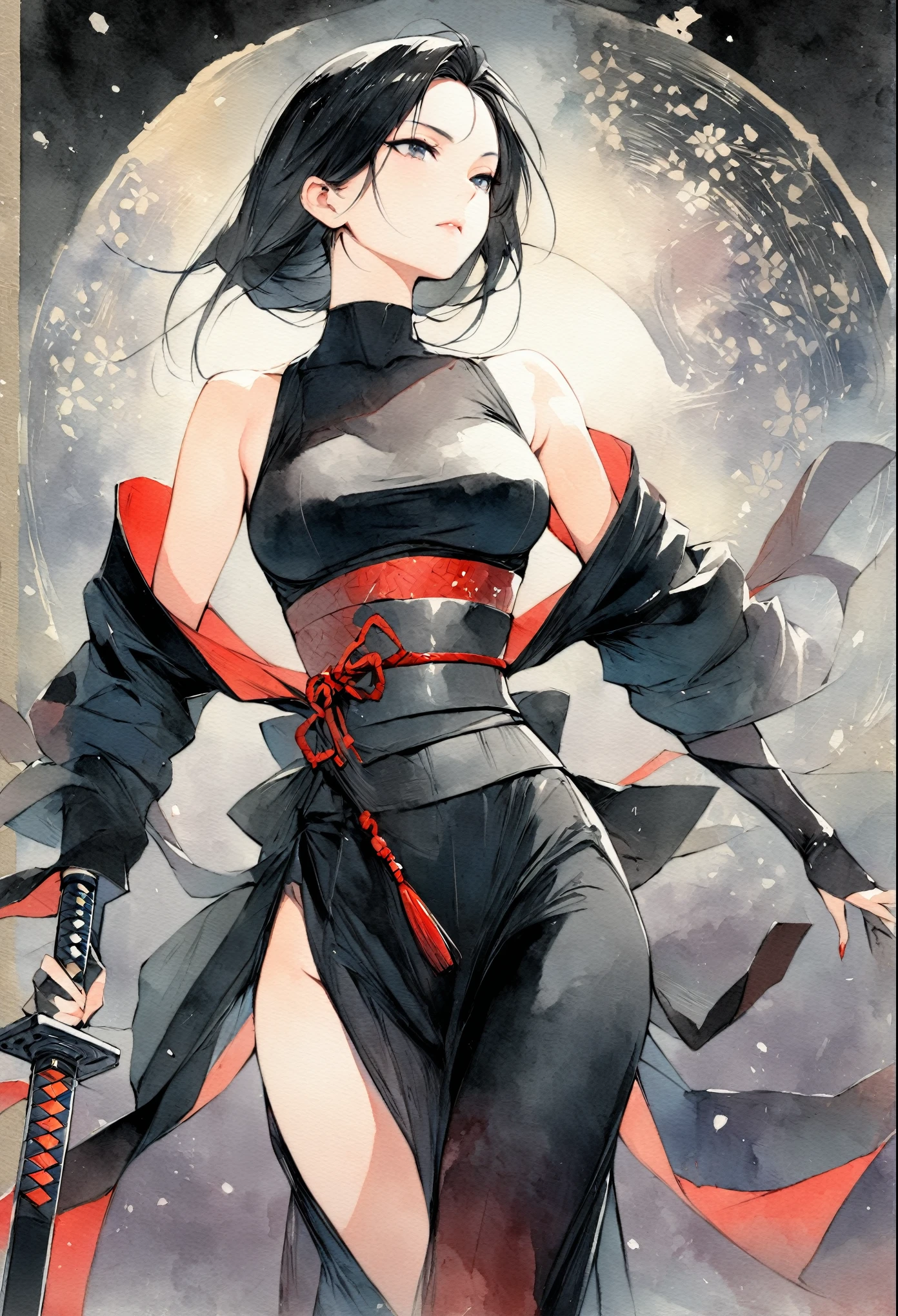 masterpiece, Best quality, Drawing of a black-haired futuristic female ninja illustration, watercolor (medium), 1girl, breast, Dressed in sophisticated modern ninja costumes,Equipped with traditional and technological weapons. She has long black hair,Tied with a red ribbon and a symbol。She must be wearing a high-end black outfit with red accents,These include letters. She was holding a sword,The hilt and scabbard have intricate patterns. The background is the Edo period, Five fingers.