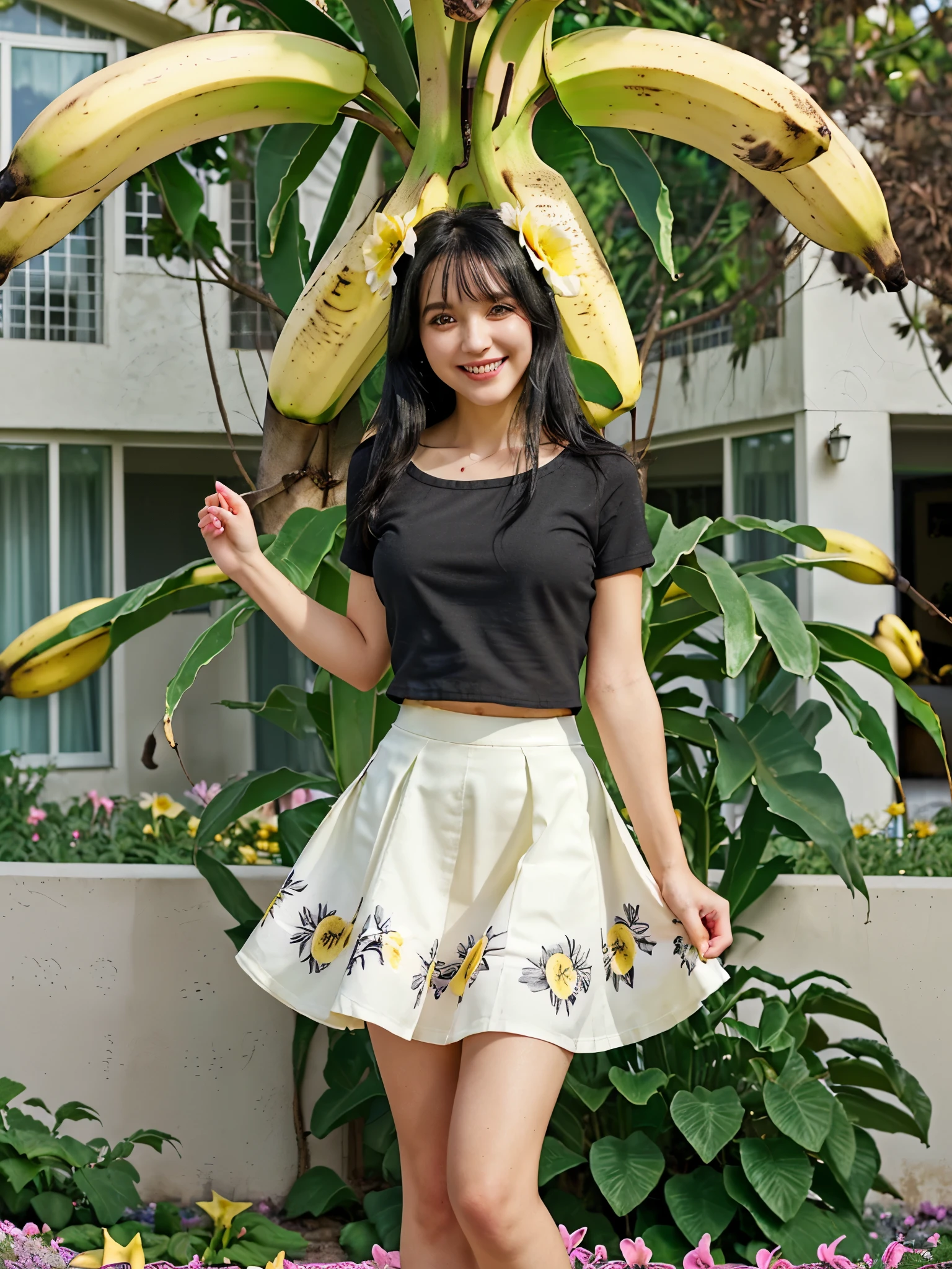 girly, black hair, banana shirt, fresh black skirt, long skirt, fresh smile, round chest, flower garden in the background