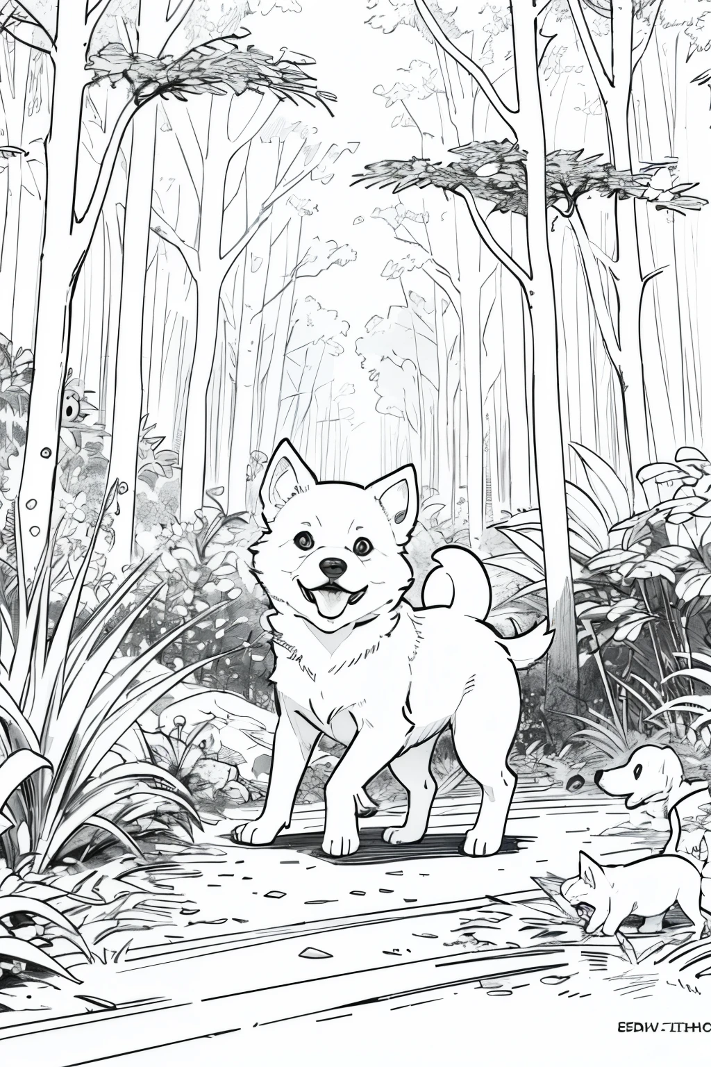 Design style drawing "Bobbie Goods", white baby dog playing in a forest, drawing style well defined black lines, rostros bien definidos, estilo libro para colorear, sin color de fondo, apto para colorear. Sin personas. line art