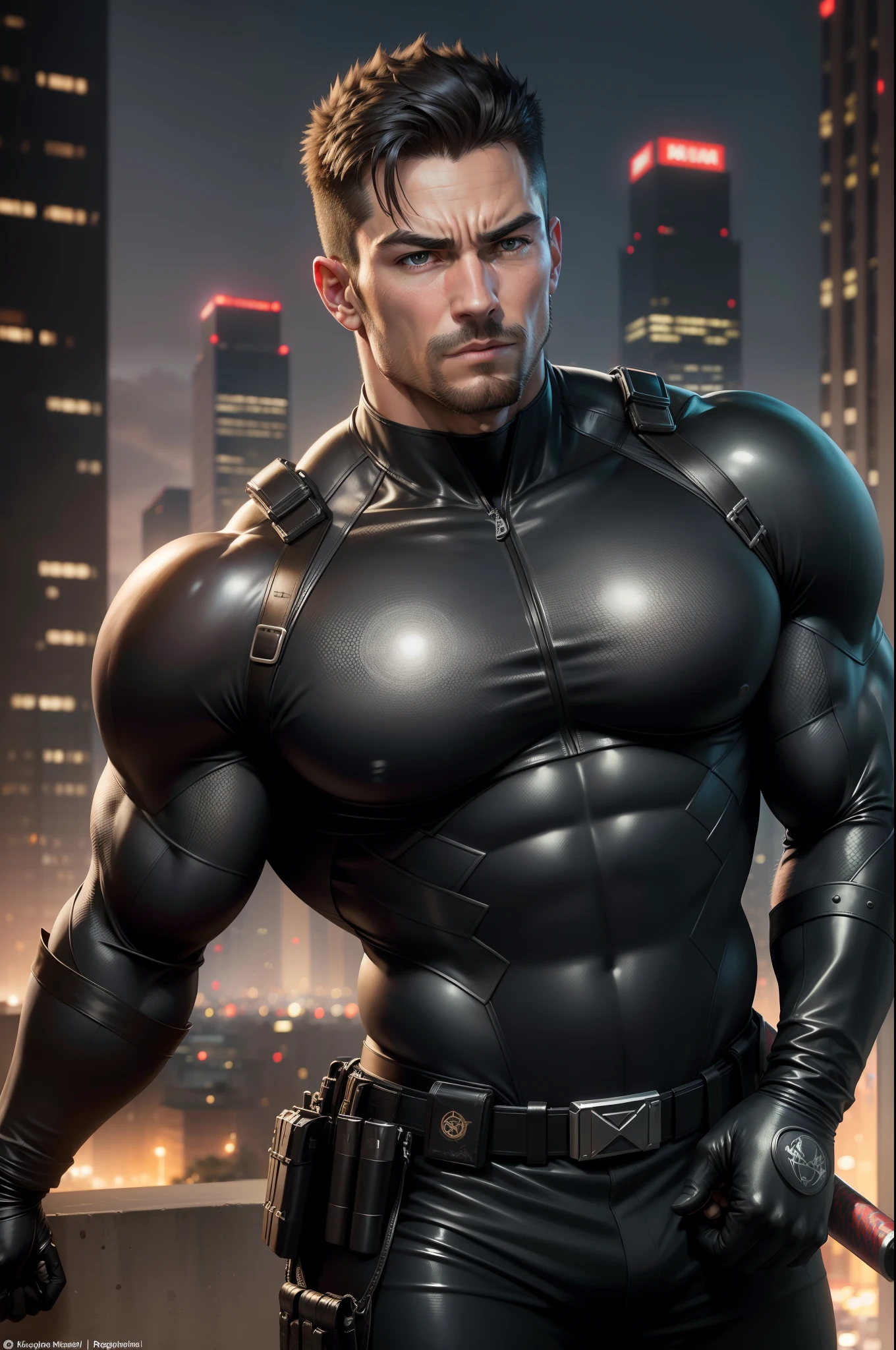 ((realistic: 1.5)),((best quality)), ((masterpiece)),((detailed)), male ninja, Vigilante, Caucasian American, handsome, photorealistic face,short hair, attack position, ninja vigilante tactical superhero outfit, katana on the back,wearing shiny black rubber suit, leather gloves, just outside of the city with evening cityscape in the background, huge biceps, huge muscles, muscular big body,