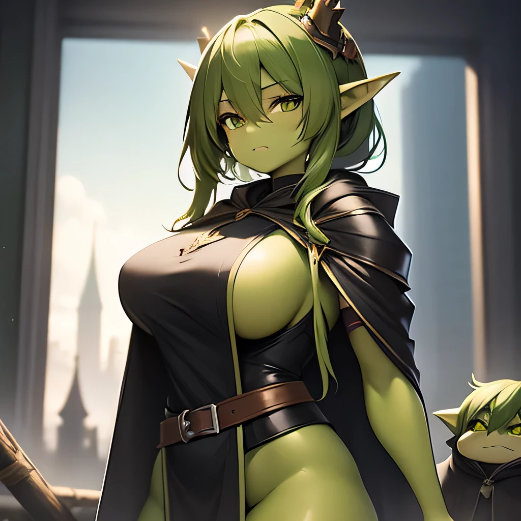A cute green-SKIN shortstack, slightly pudgy, female goblin dressed in magic robes with a big hanging hood