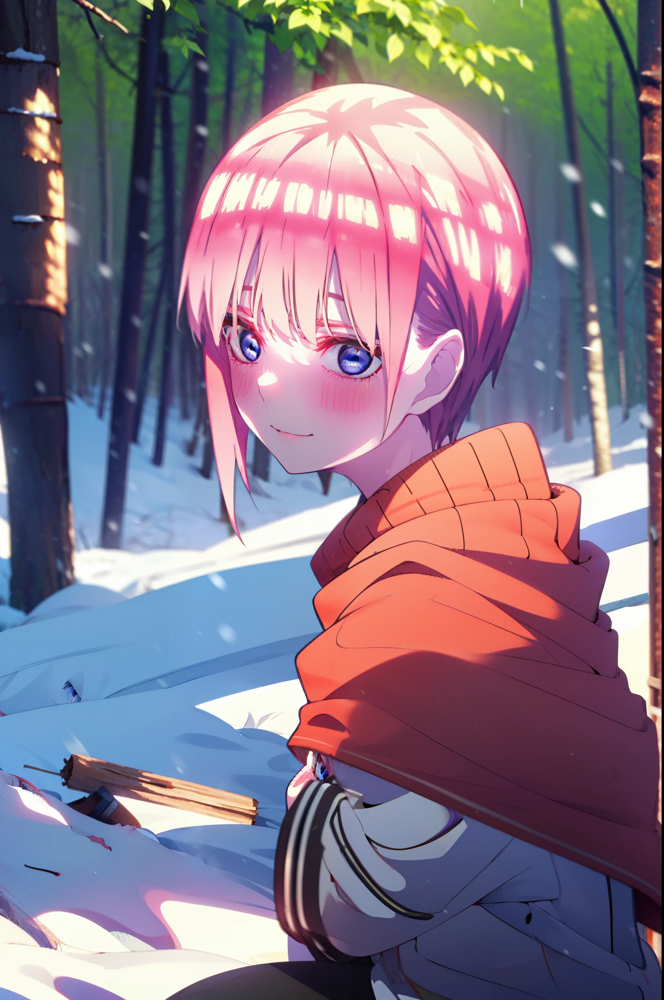 ichikanakano, ichika nakano, short hair, bangs, blue eyes, Hair between the eyes, smile,Pink Hair,smile,blush,White Breath,
Open your mouth,snow,Ground bonfire, Outdoor, boots, snowing, From the side, wood, suitcase, Cape, Blurred, Increase your meals, forest, White handbag, nature,  Squat, Mouth closed, フードed Cape, winter, Written boundary depth, Black shoes, red Cape break looking at viewer, Upper Body, whole body, break Outdoor, forest, nature, break (masterpiece:1.2), highest quality, High resolution, unity 8k wallpaper, (shape:0.8), (Beautiful and beautiful eyes:1.6), Highly detailed face, Perfect lighting, Extremely detailed CG, (Perfect hands, Perfect Anatomy),