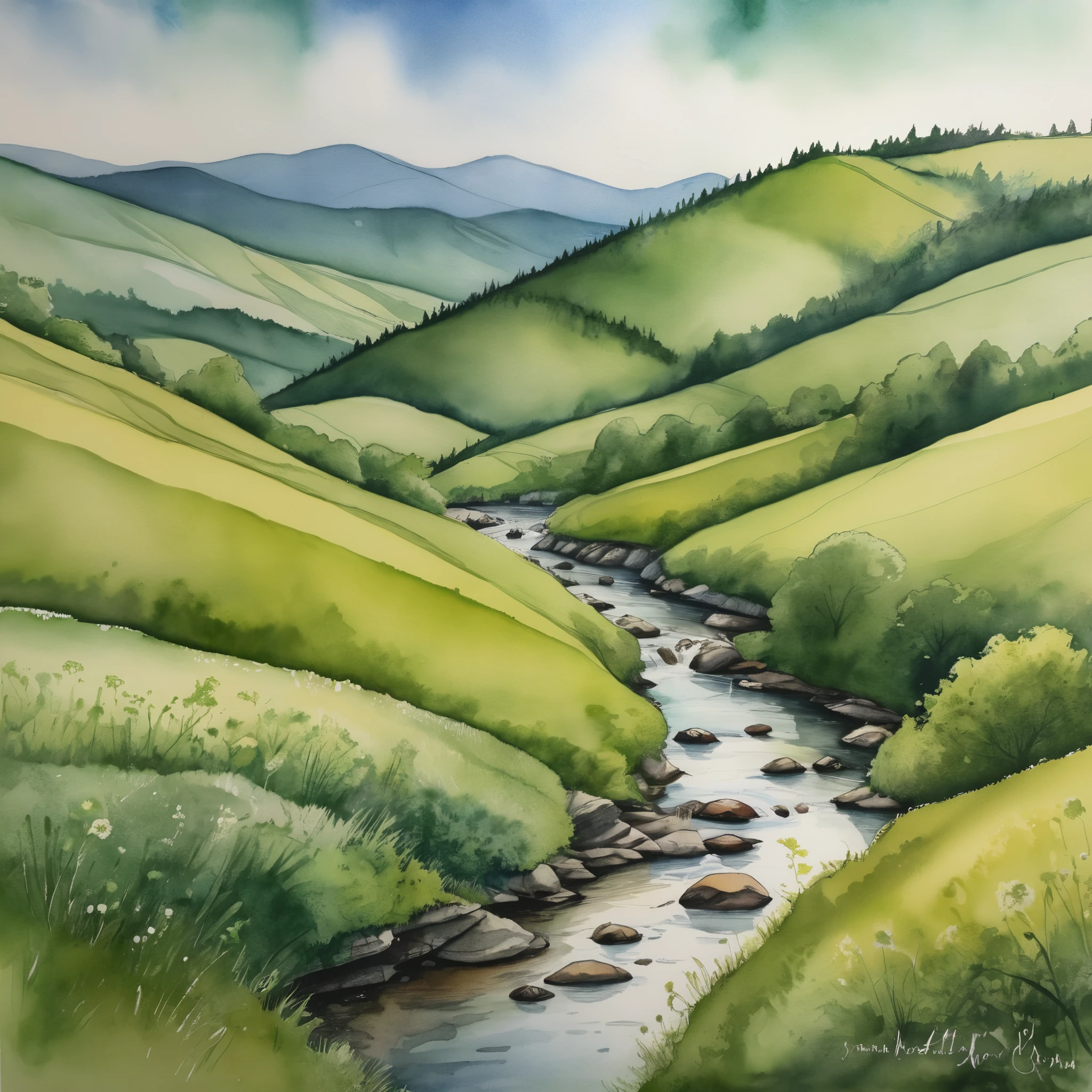 ink drawing & watercolour washes create appalachian spring in shades of green