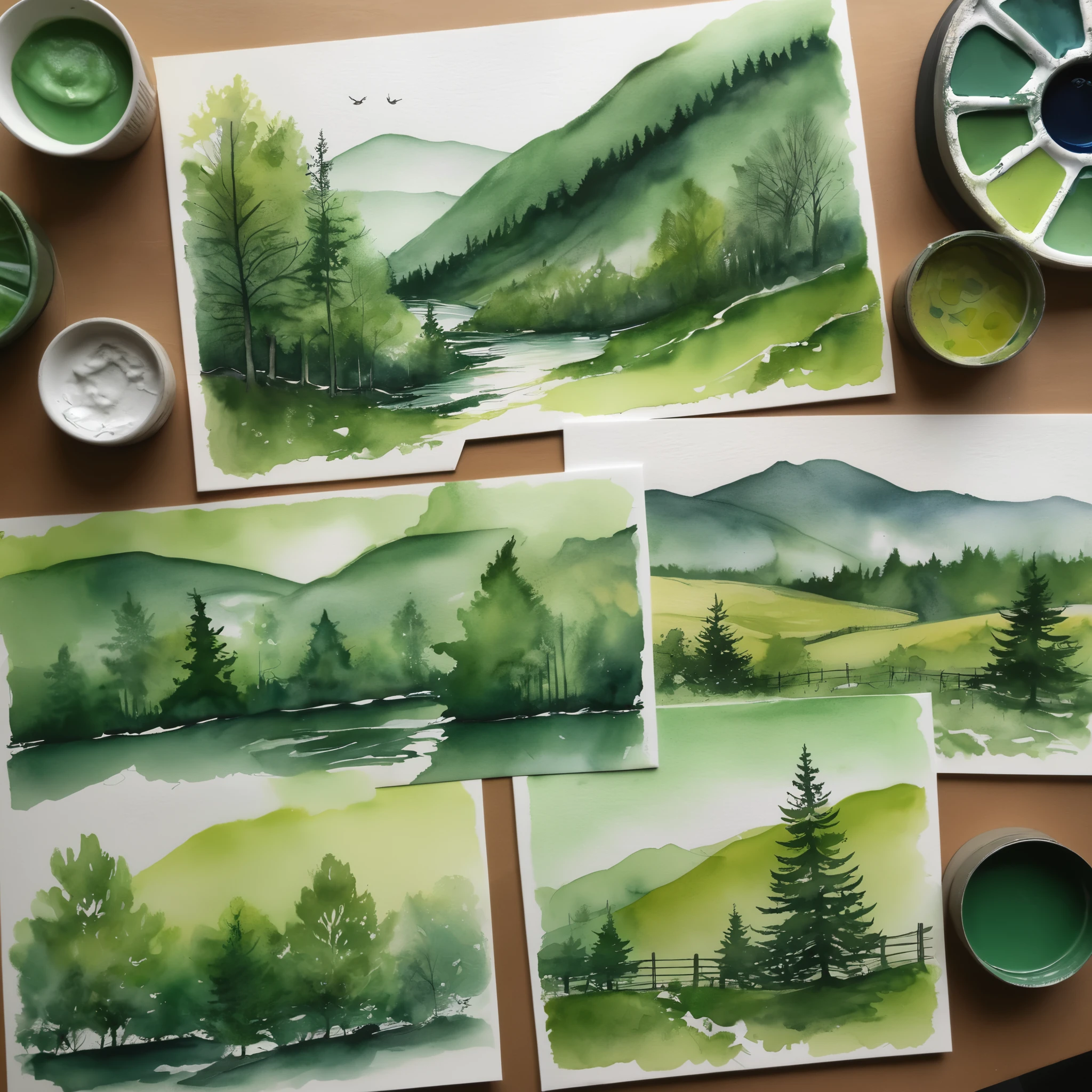 ink drawing & watercolour washes create appalachian spring in shades of green