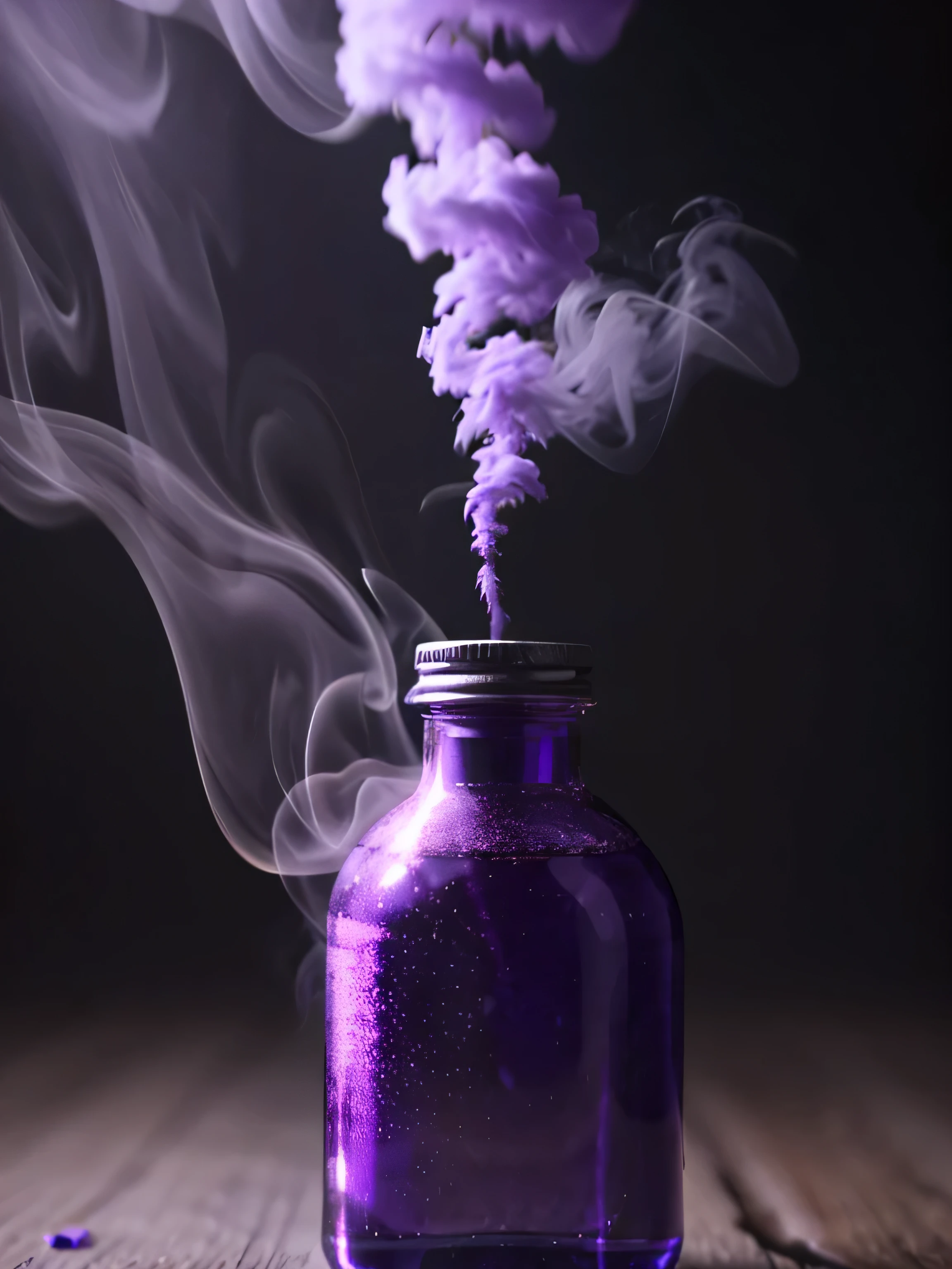 bottle with purple smoke 4k focus super focus