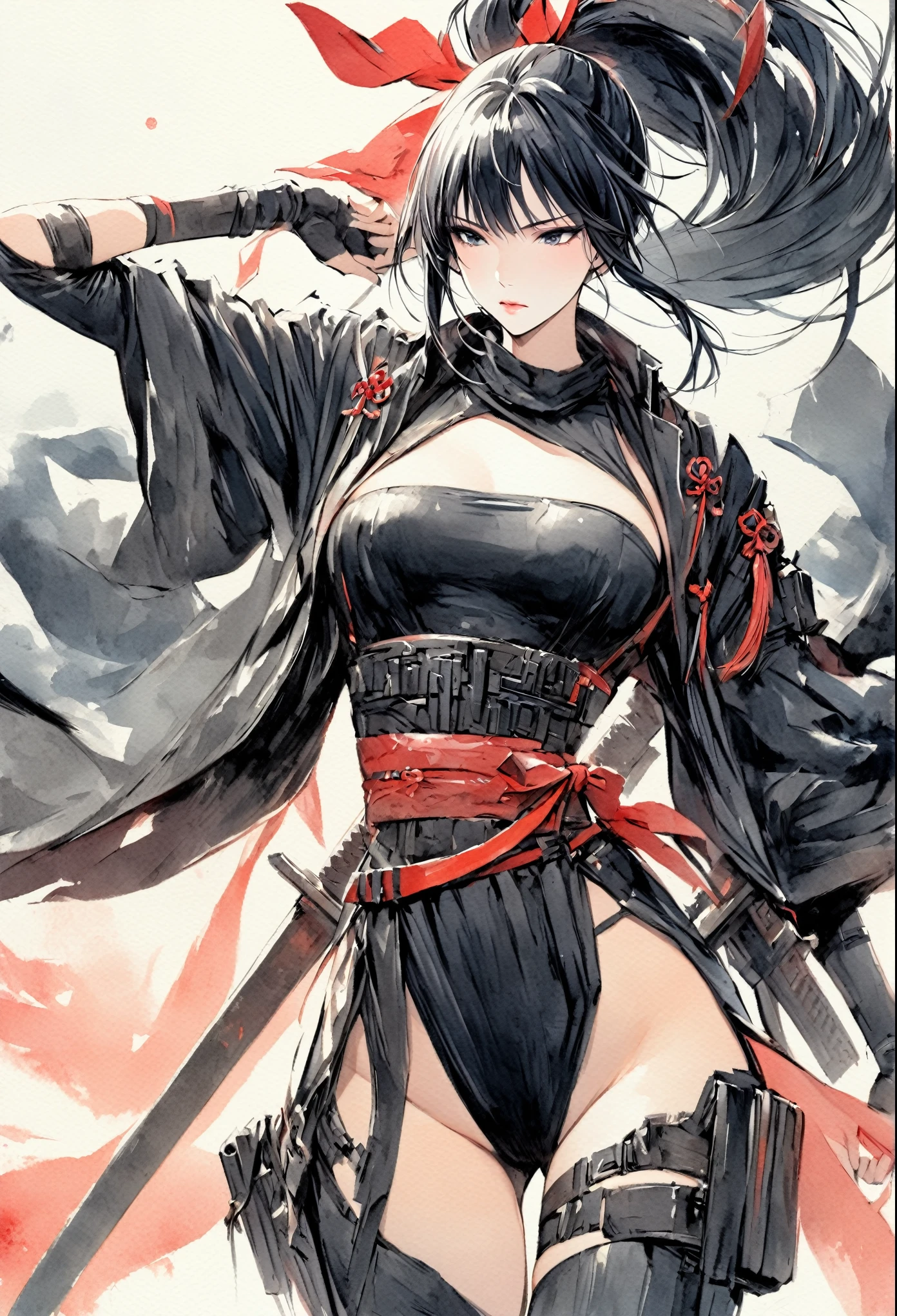 masterpiece, Best quality, Drawing of a black-haired futuristic female ninja illustration, watercolor (medium), 1girl, breast, Dressed in sophisticated modern ninja costumes，Equipped with traditional and technological weapons. She has long black hair，Tied with a red ribbon and a symbol。She must be wearing a high-end black outfit with red accents，These include letters. She was holding a sword，The hilt and scabbard have intricate patterns. The background is the Edo period, Five fingers.