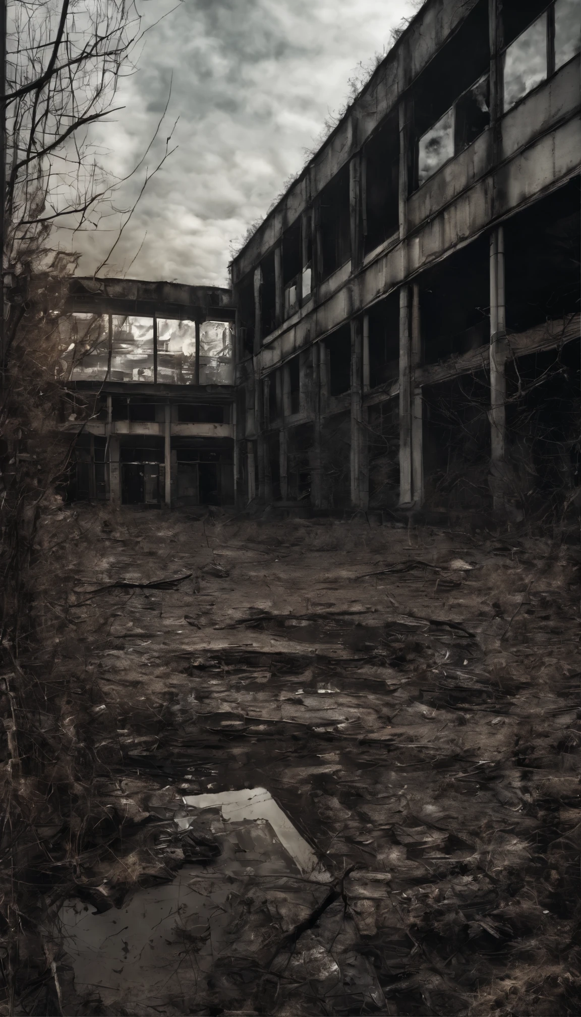 Former Factory, Abandoned Factory, autumn, Withered Grass, sunny, Cirrus, Old wood々, Dense shrubs, Broken glass, garbage on the ground, spring, puddle, Dead Tree, sunnyた日, Blurred Clouds