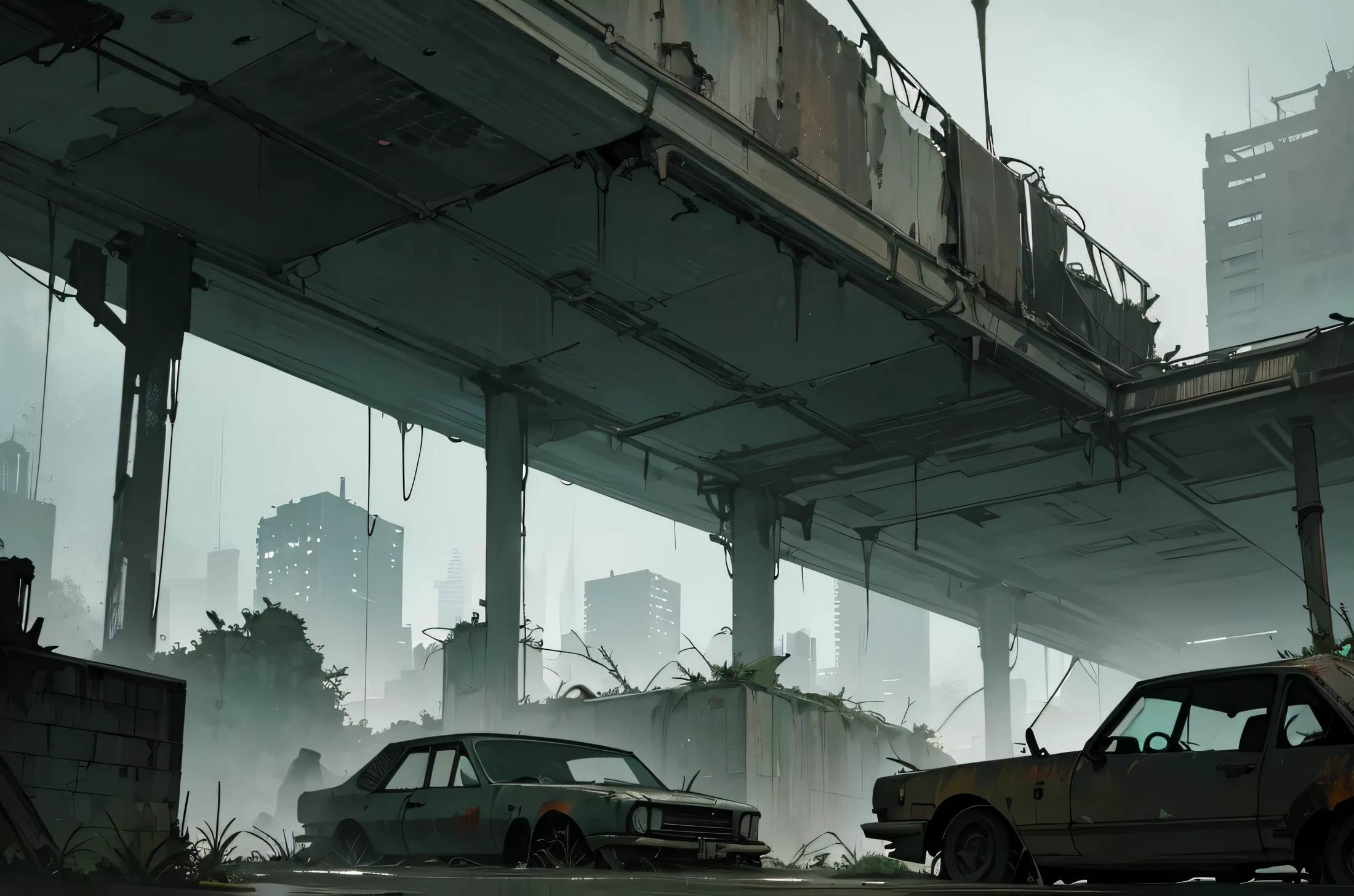 a post-apocalyptic city, ruined buildings, overgrown vegetation, crumbling infrastructure, abandoned cars, desolate atmosphere, dramatic lighting, gritty textures, muted color palette, moody and atmospheric, highly detailed, 8k, cinematic quality, masterpiece