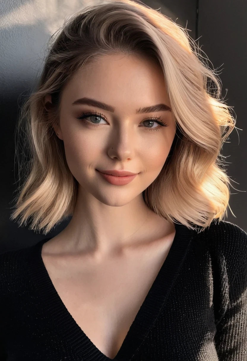 breathtaking instagram photo, photo of 23 y.o Chloe in black sweater, cleavage, pale skin, (smile:0.4), hard shadows . award-winning, professional, highly detailed