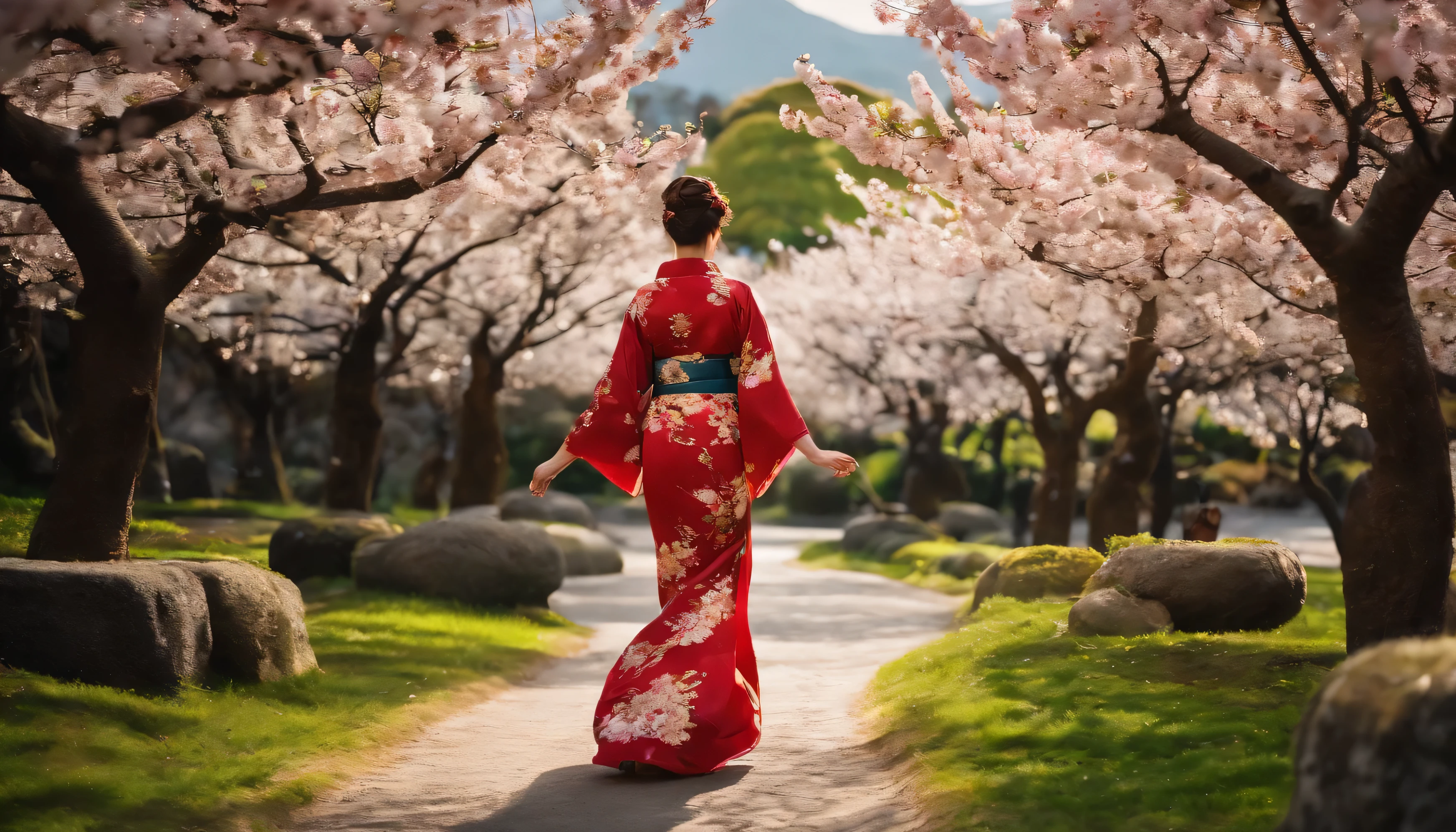 Girl walking forward wearing a traditional Japanese kimono, very beautiful, very realistic, full colors, walking in a garden in white cherry trees. 